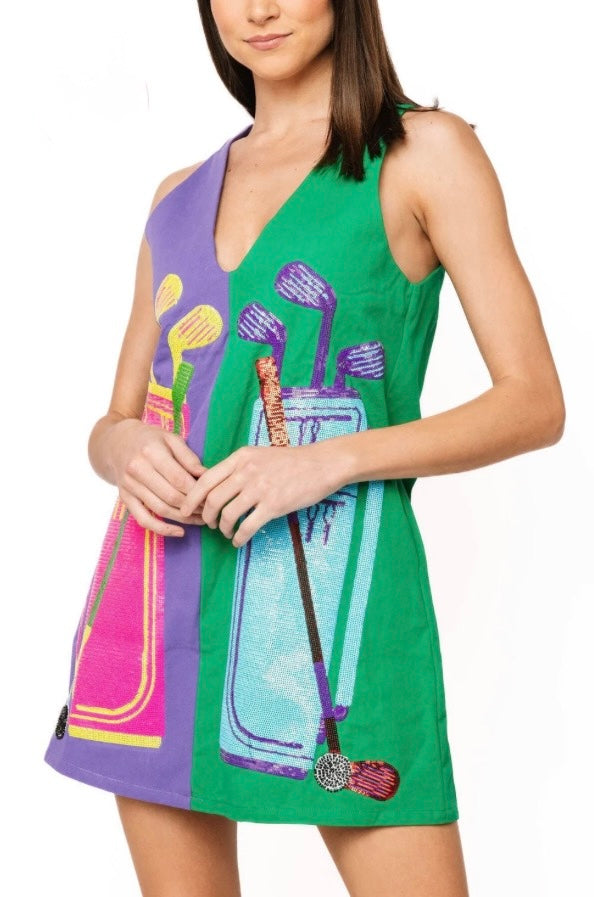 Green & Purple Colorblock Golf Clubs Tank Dress- QOS