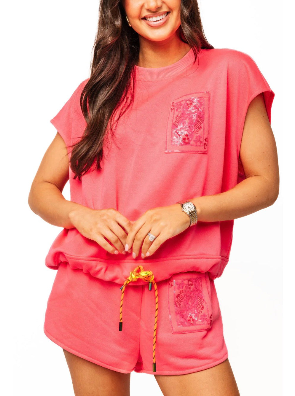 Neon Pink QOS Card Logo Draw String Tank - Queen Of Sparkle