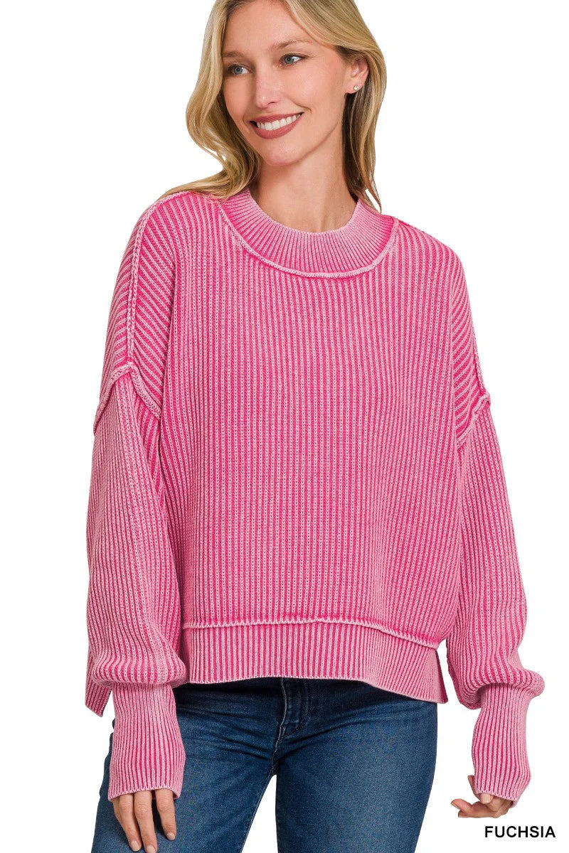 Oversized Acid Wash Sweater - Fuchsia