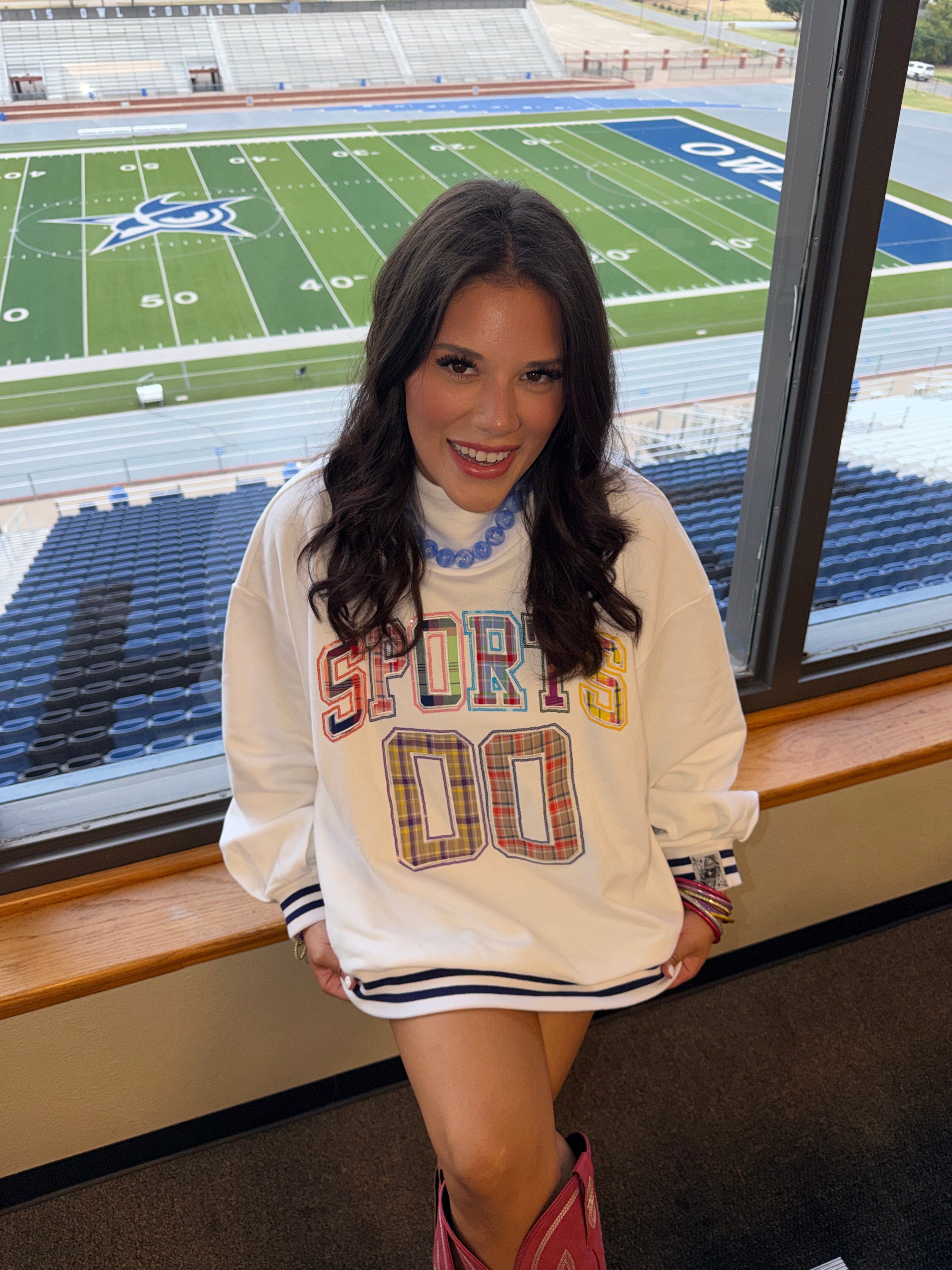 White Mock Neck Plaid "Sports 00" Sweatshirt - QOS