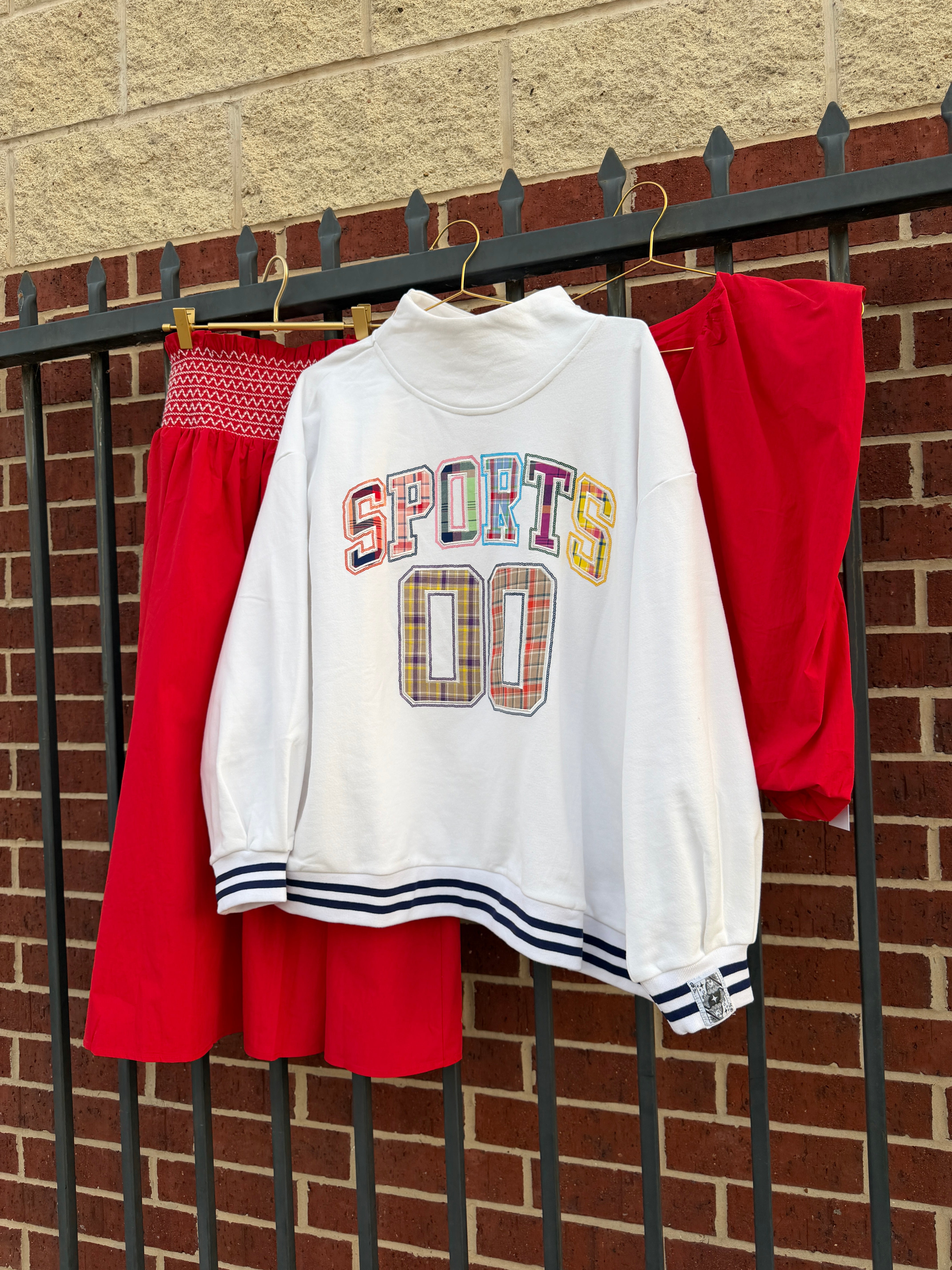White Mock Neck Plaid "Sports 00" Sweatshirt - QOS