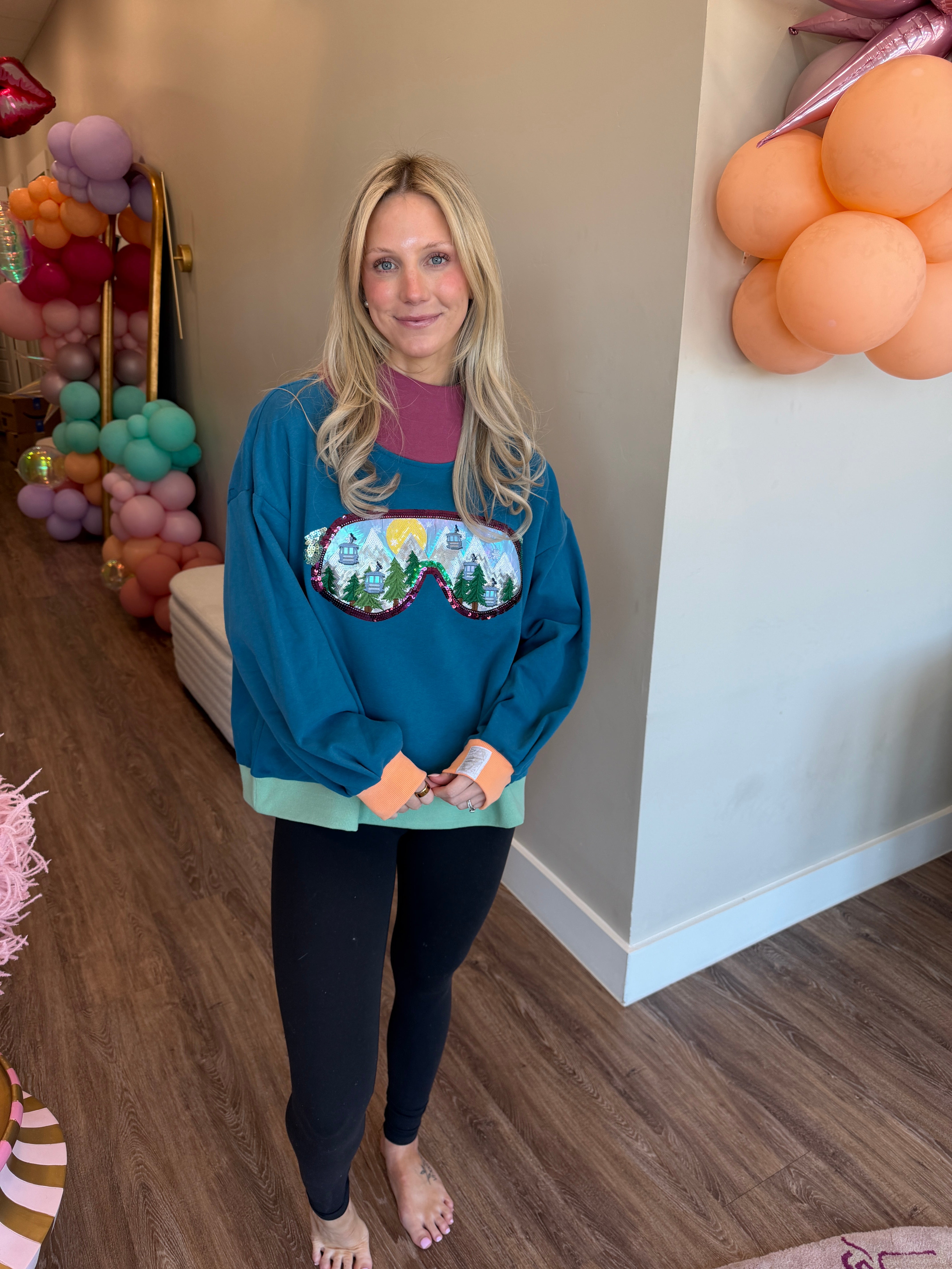 Colorblock Ski Goggle With Reflection Mock Neck Sweatshirt - Queen Of Sparkles