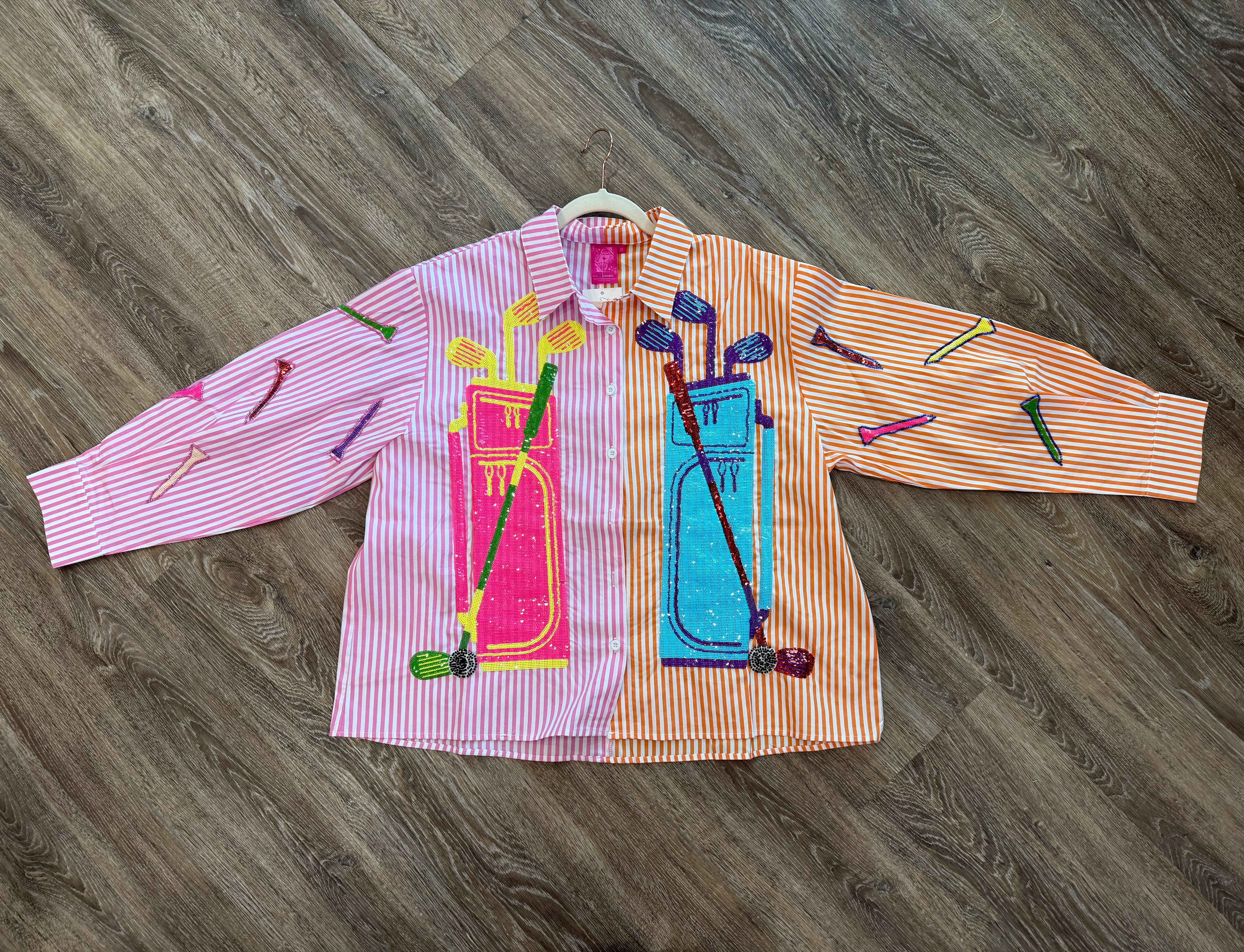Pink & Orange Striped Colorblock Golf Clubs Button Up Top- QOS