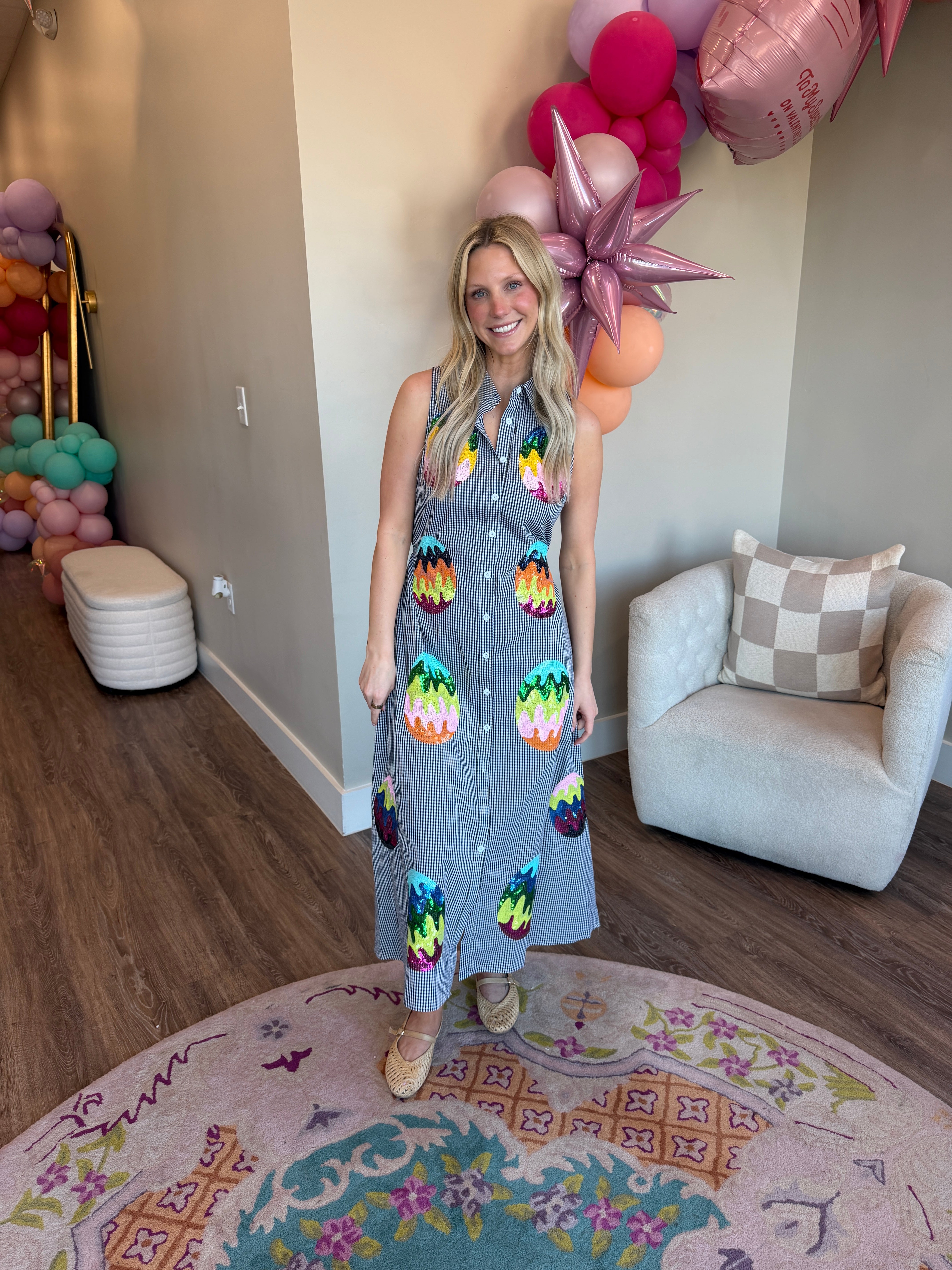 Black & White Gingham Groovy Easter Egg Button Up Cotton Midi Dress- QOS