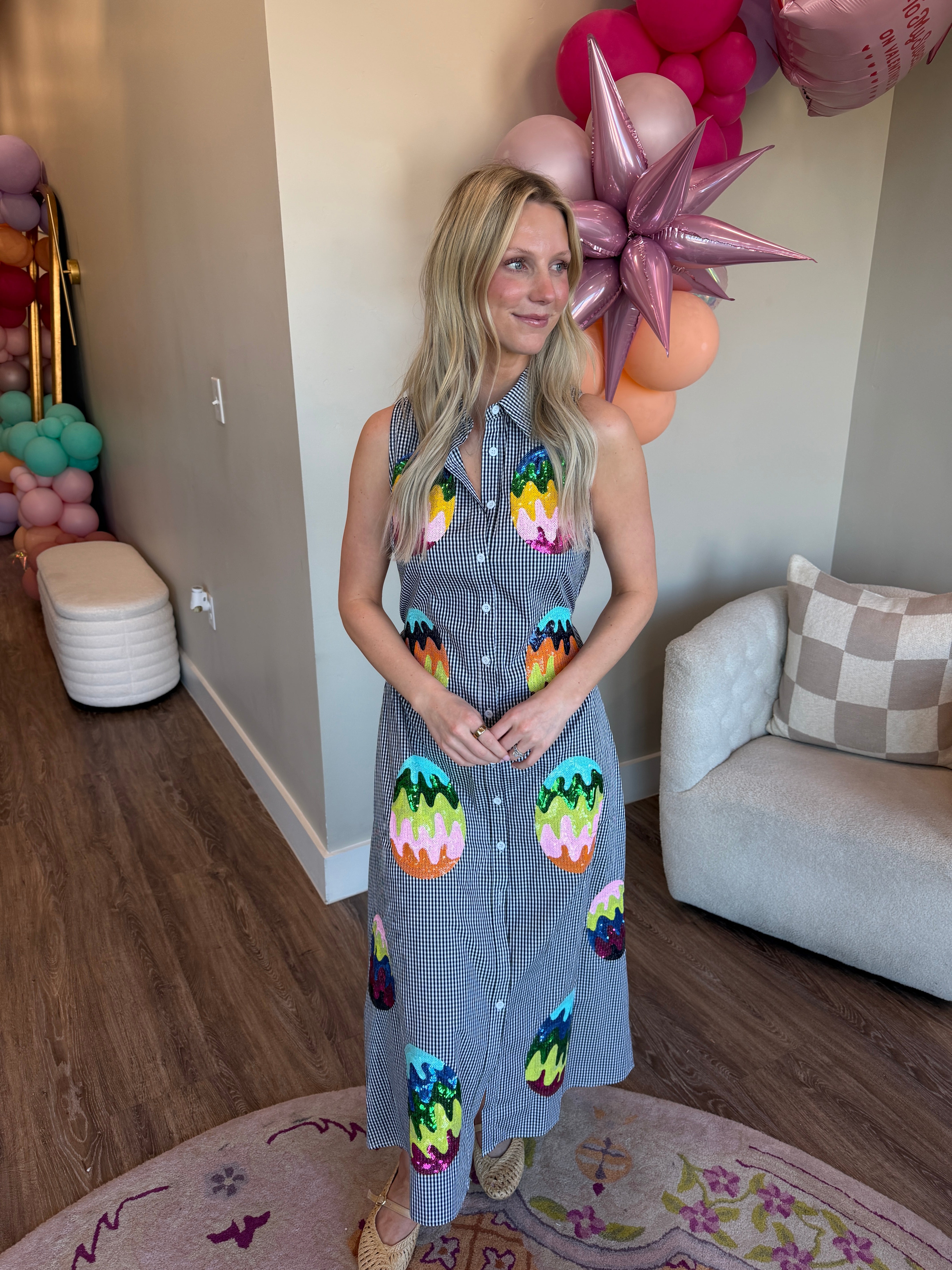 Black & White Gingham Groovy Easter Egg Button Up Cotton Midi Dress- QOS