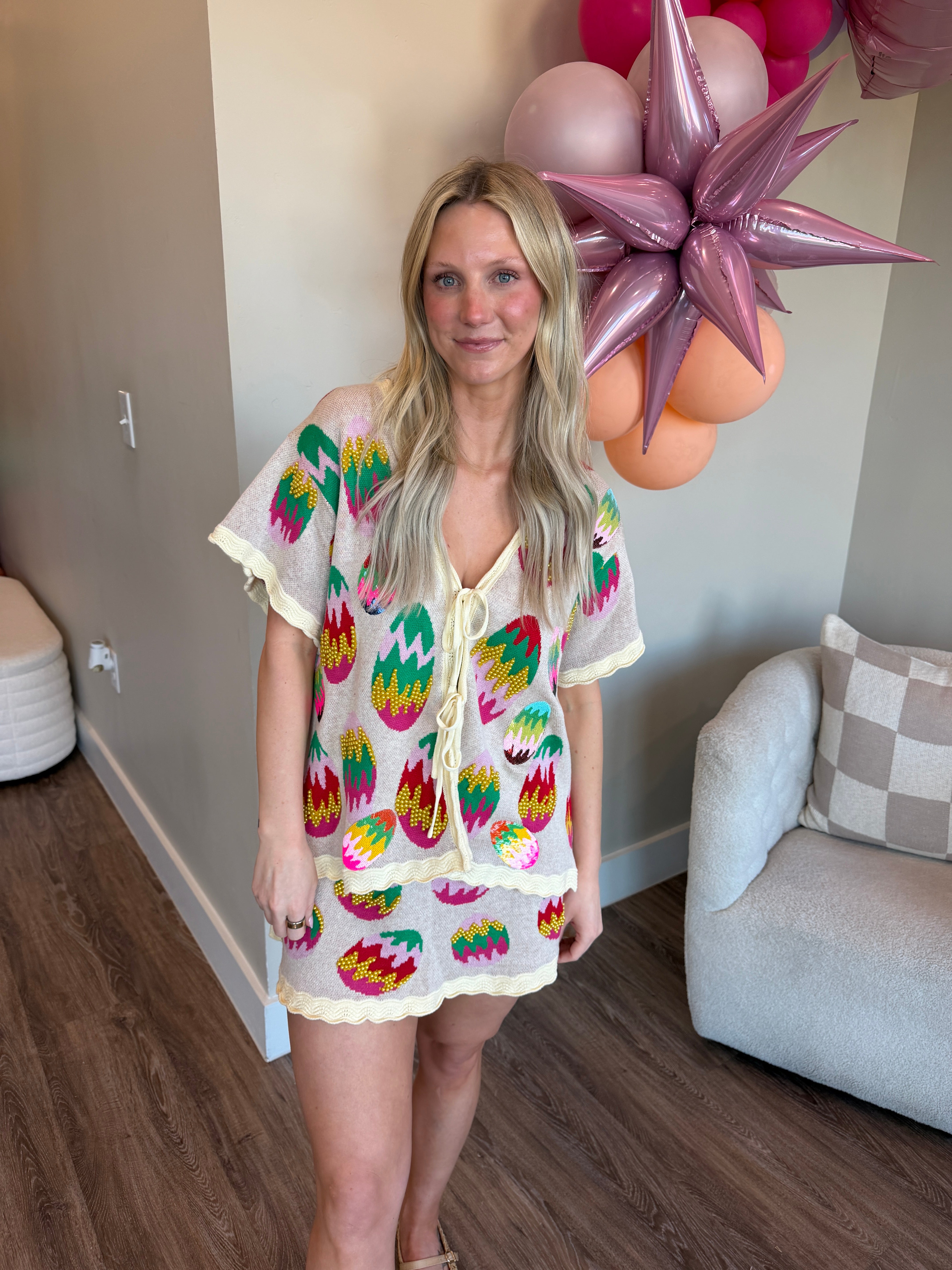 Multi Easter Egg Tie Up Knit Top - QOS