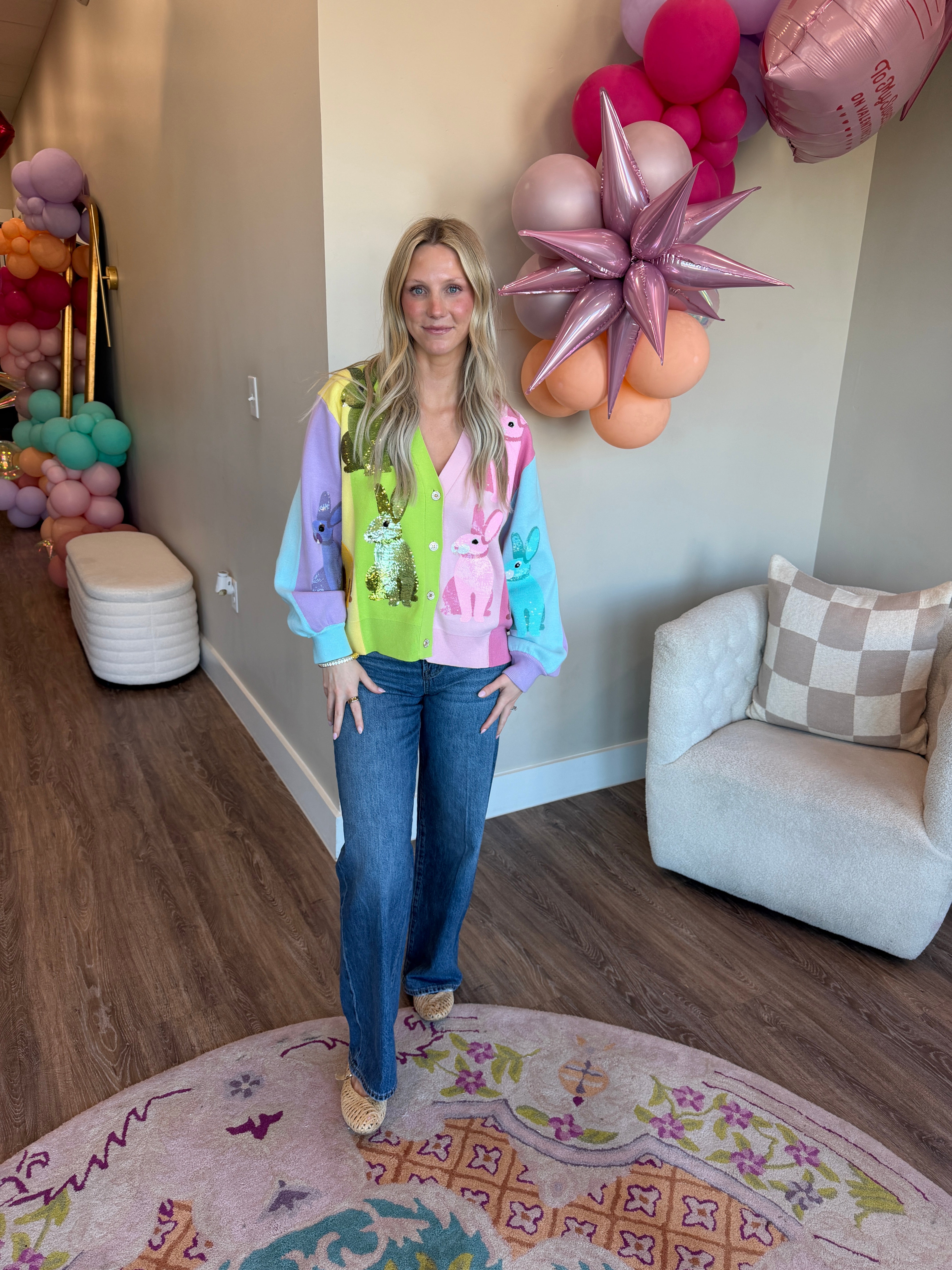 Rainbow Colorblock Easter Bunny Button Up Cardigan- QOS