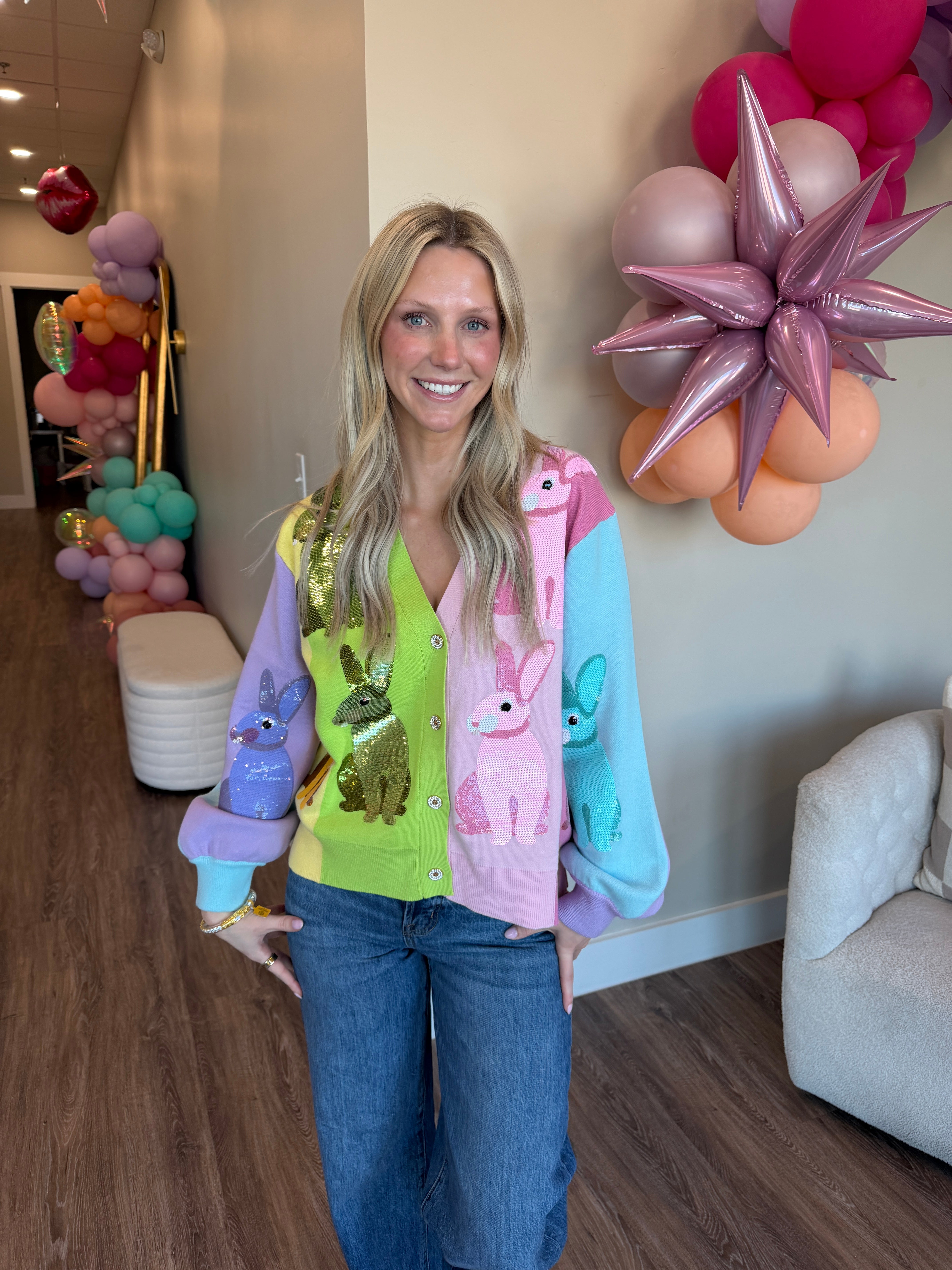 Rainbow Colorblock Easter Bunny Button Up Cardigan- QOS