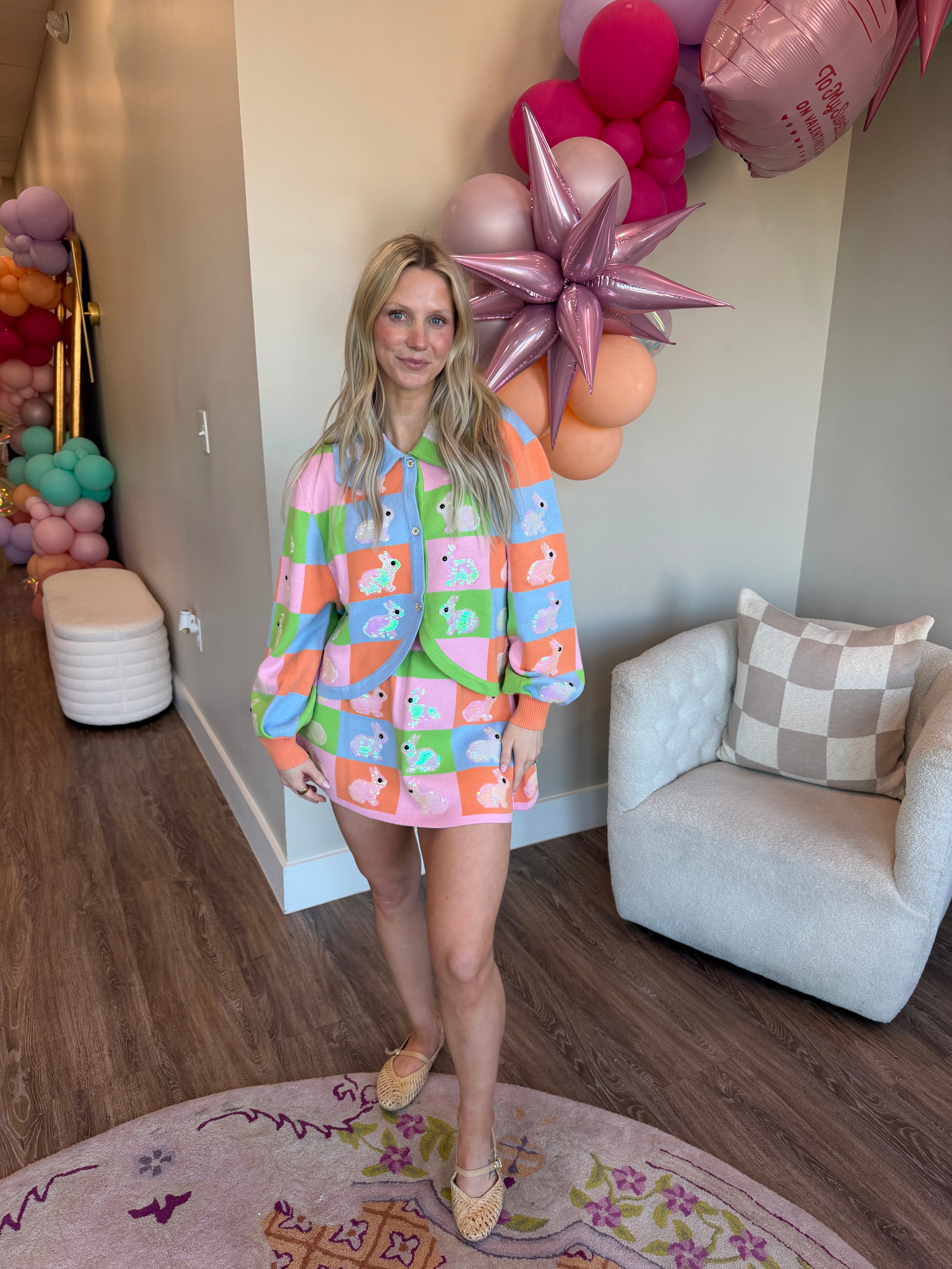 Pastel Colorblock Easter Bunny Button Up Collar Cardigan- QOS