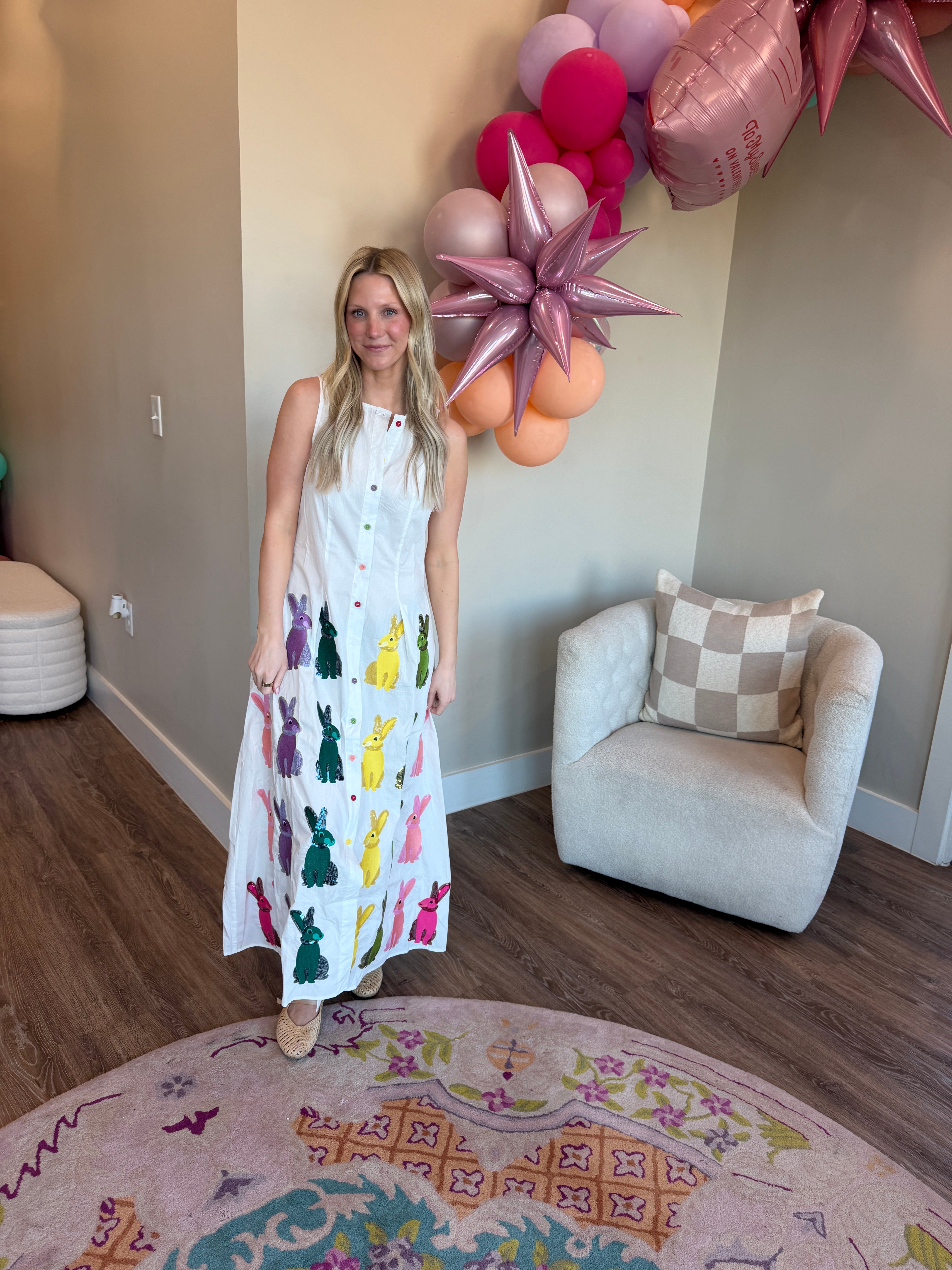 White Multi Easter Bunny Button Up Cotton Midi Dress- QOS