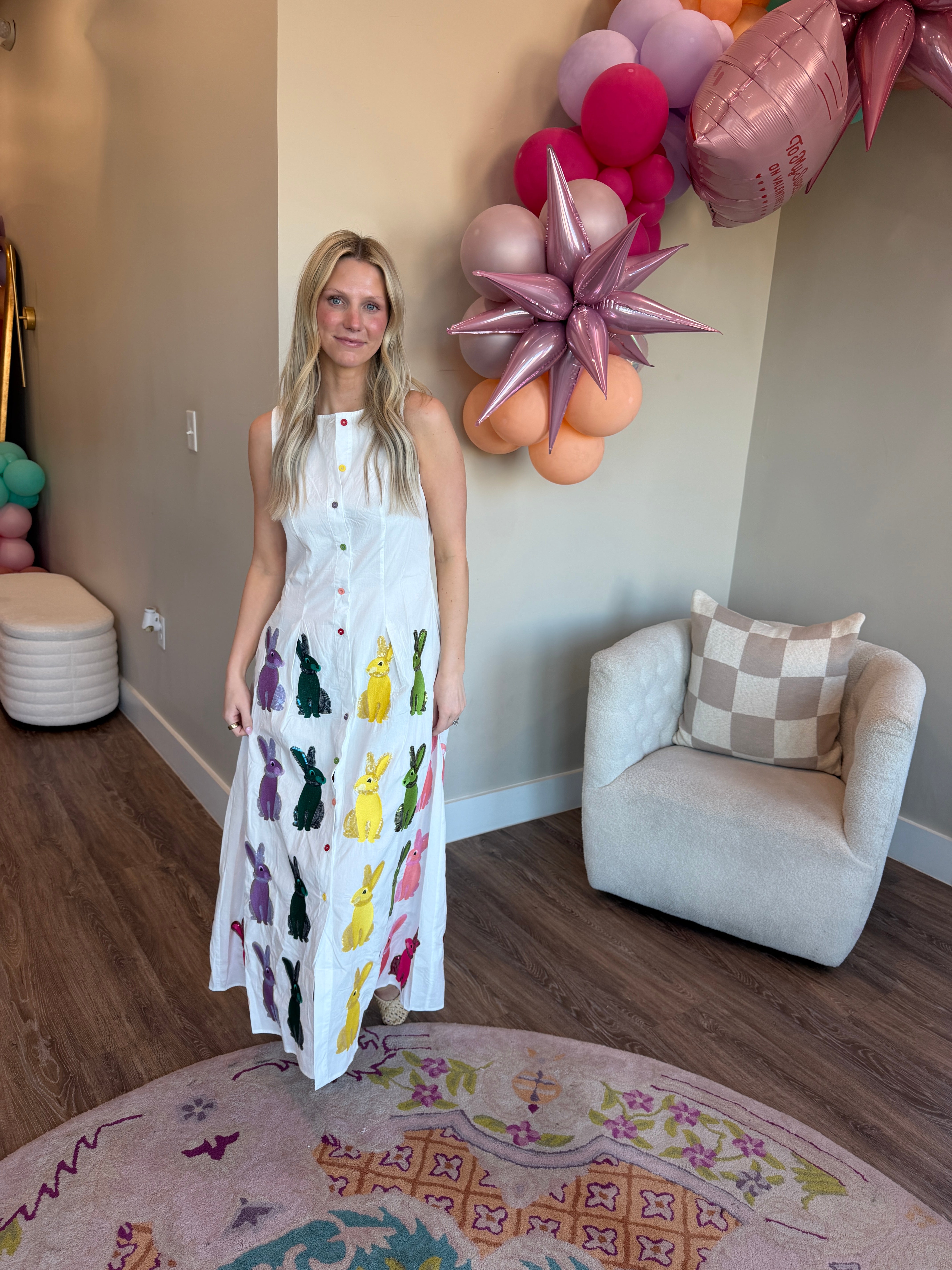 White Multi Easter Bunny Button Up Cotton Midi Dress- QOS