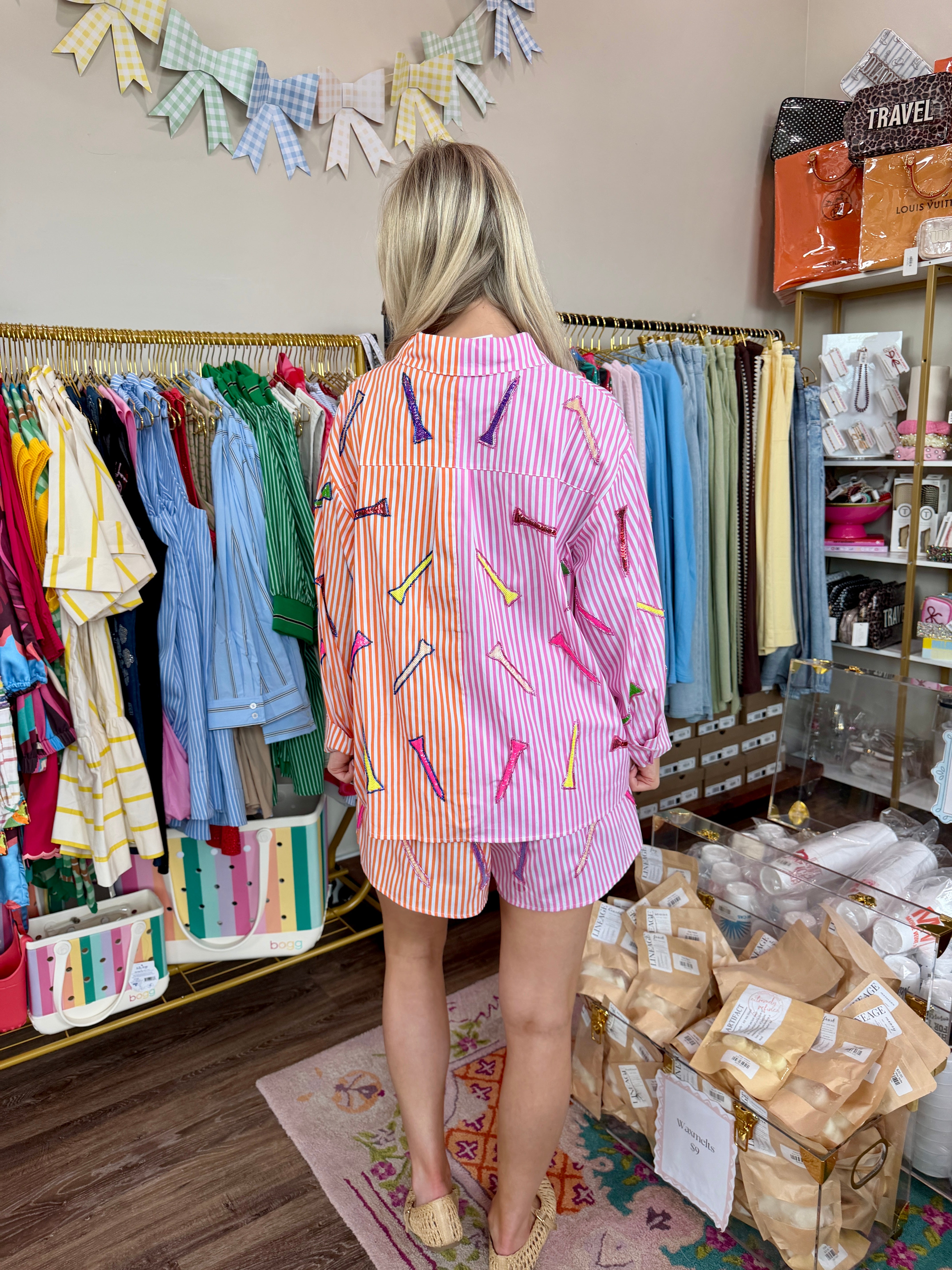 Pink & Orange Striped Colorblock Golf Club Tee Short- QOS