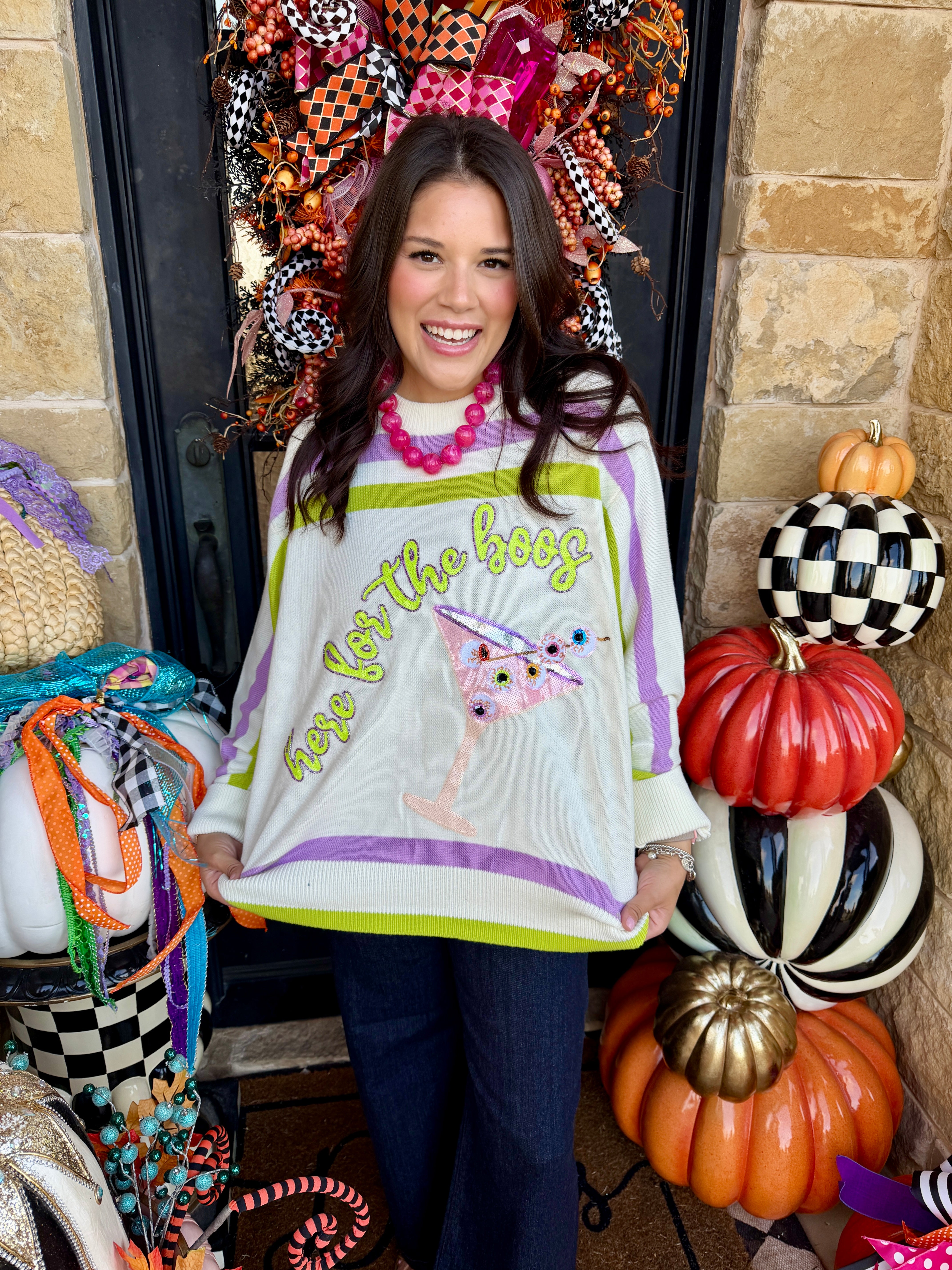 Ivory, Green & Purple 'Here for the Boos' Striped Knit Sweater- Queen of Sparkles