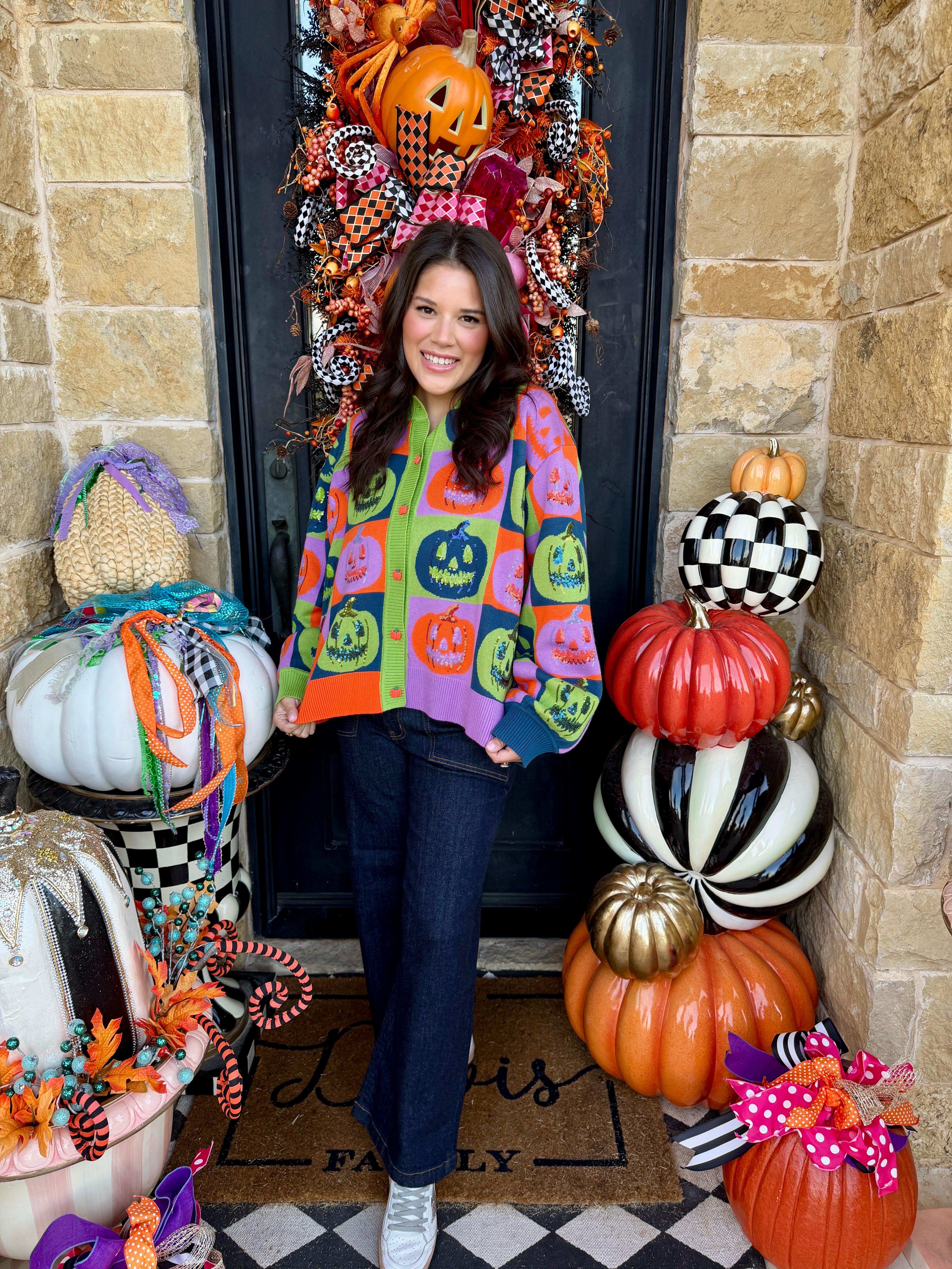 Multi Checkered Pumpkin Button Up Cardigan- Queen of Sparkles