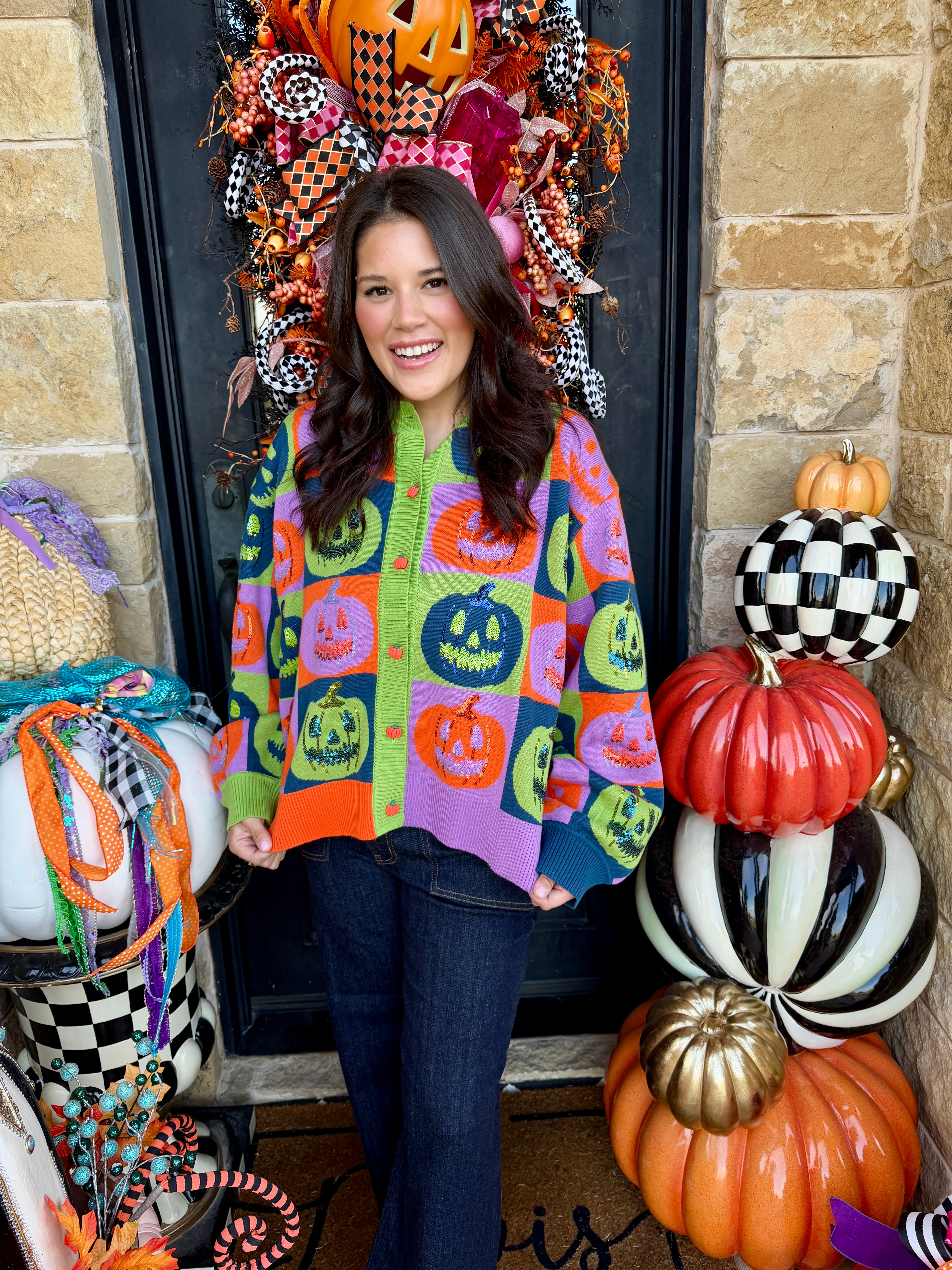 Multi Checkered Pumpkin Button Up Cardigan- Queen of Sparkles