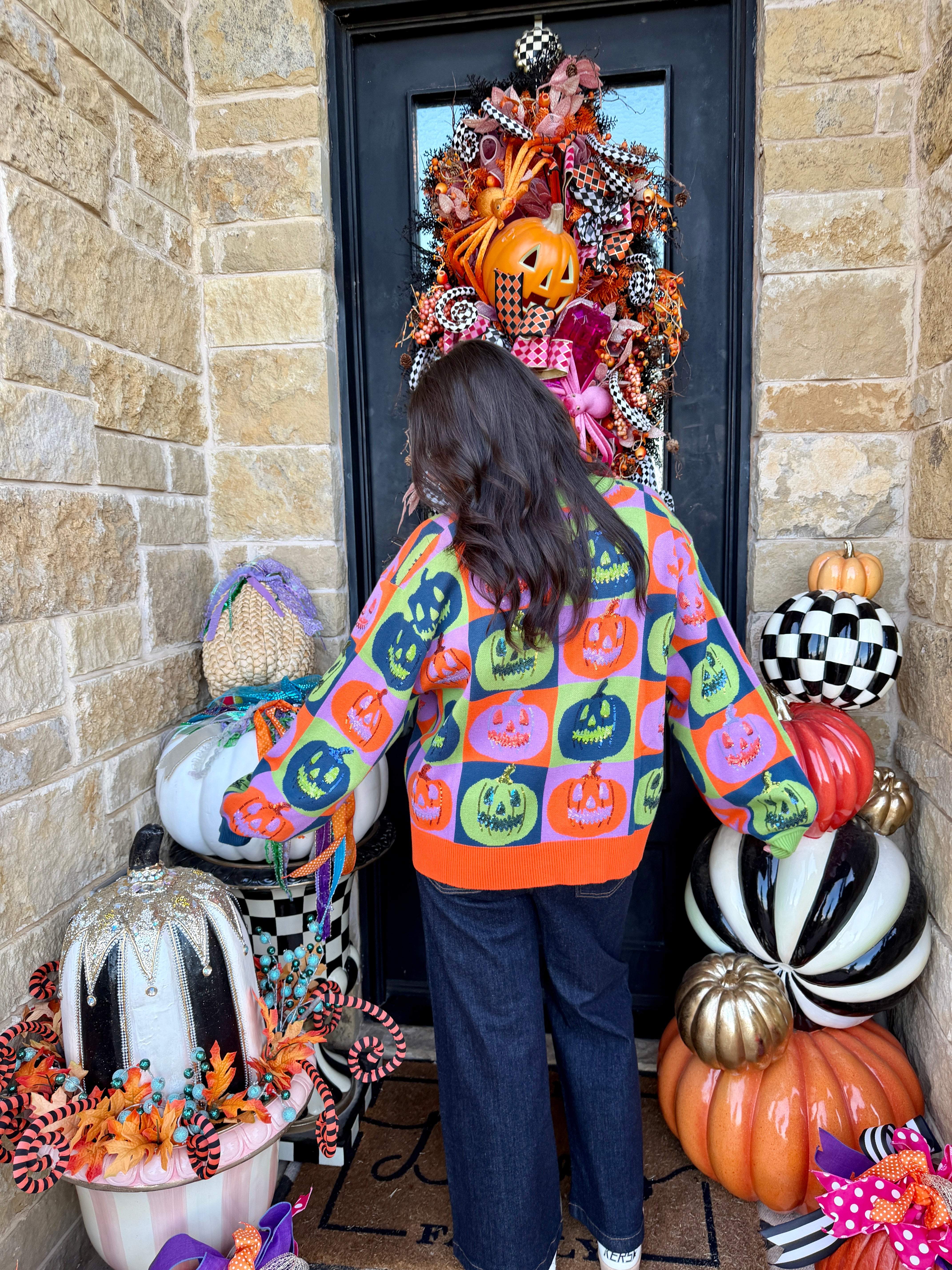 Multi Checkered Pumpkin Button Up Cardigan- Queen of Sparkles