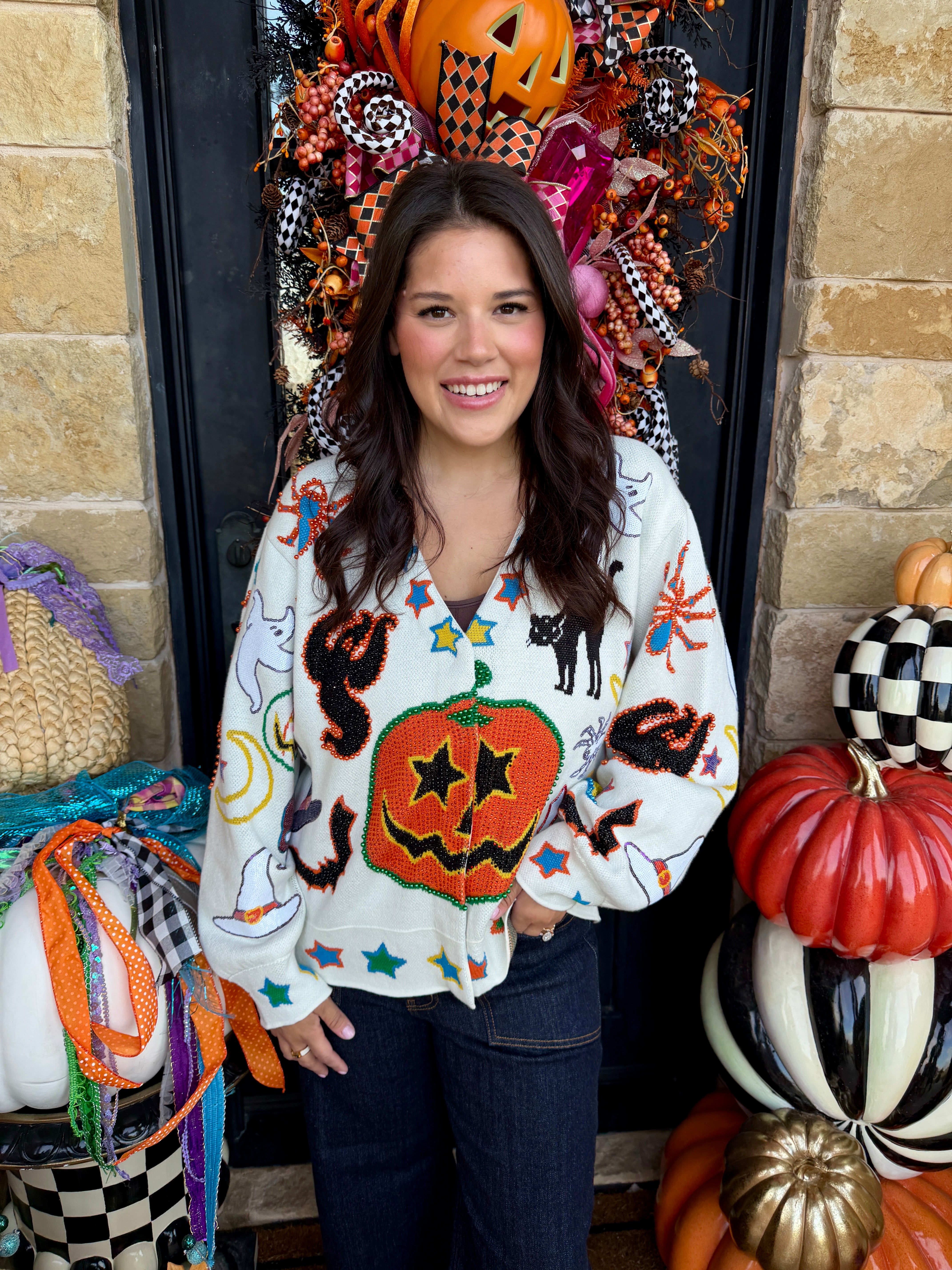 Ivory Halloween Icon Button Up Cardigan- QOS