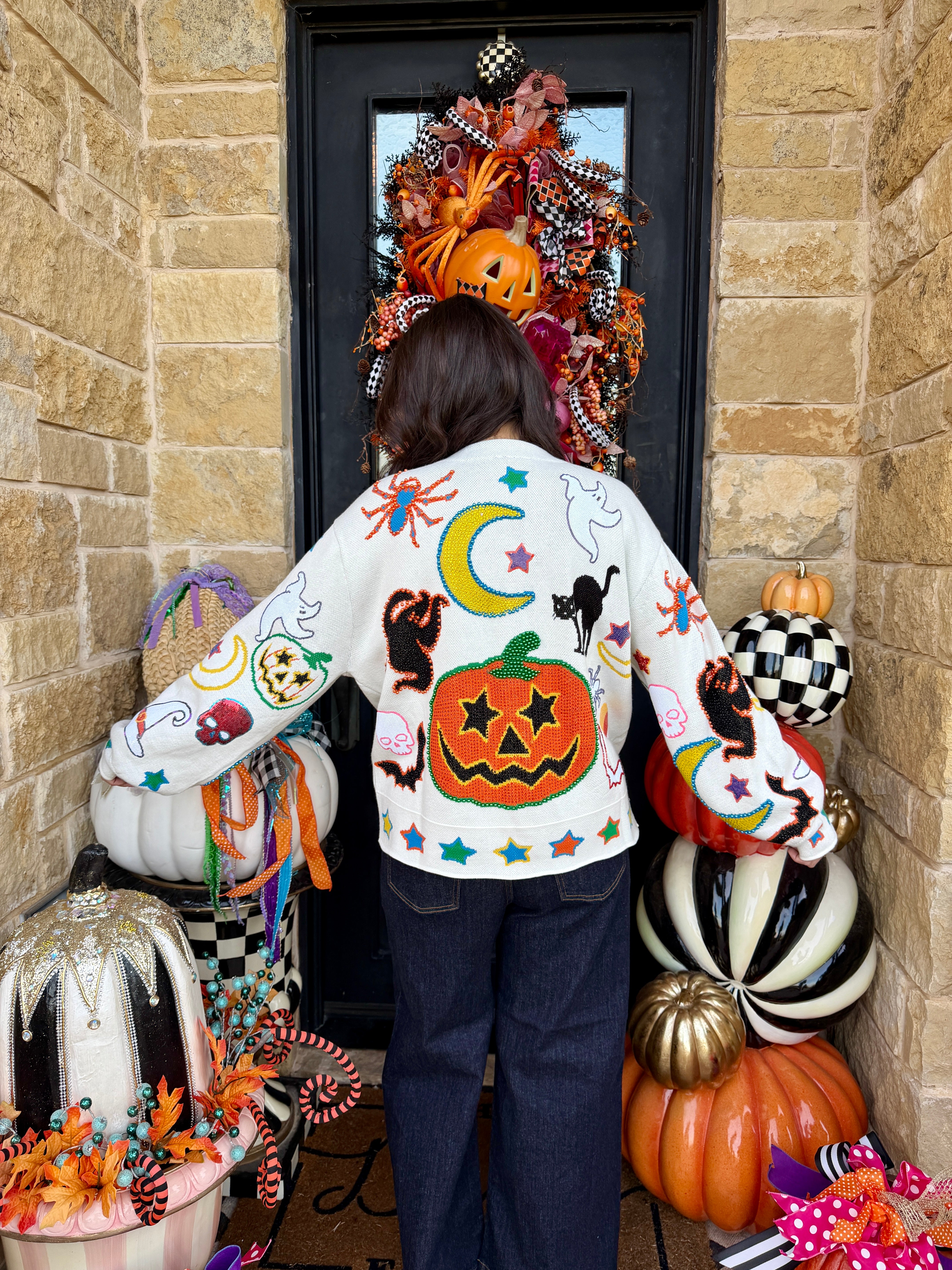 Ivory Halloween Icon Button Up Cardigan- QOS