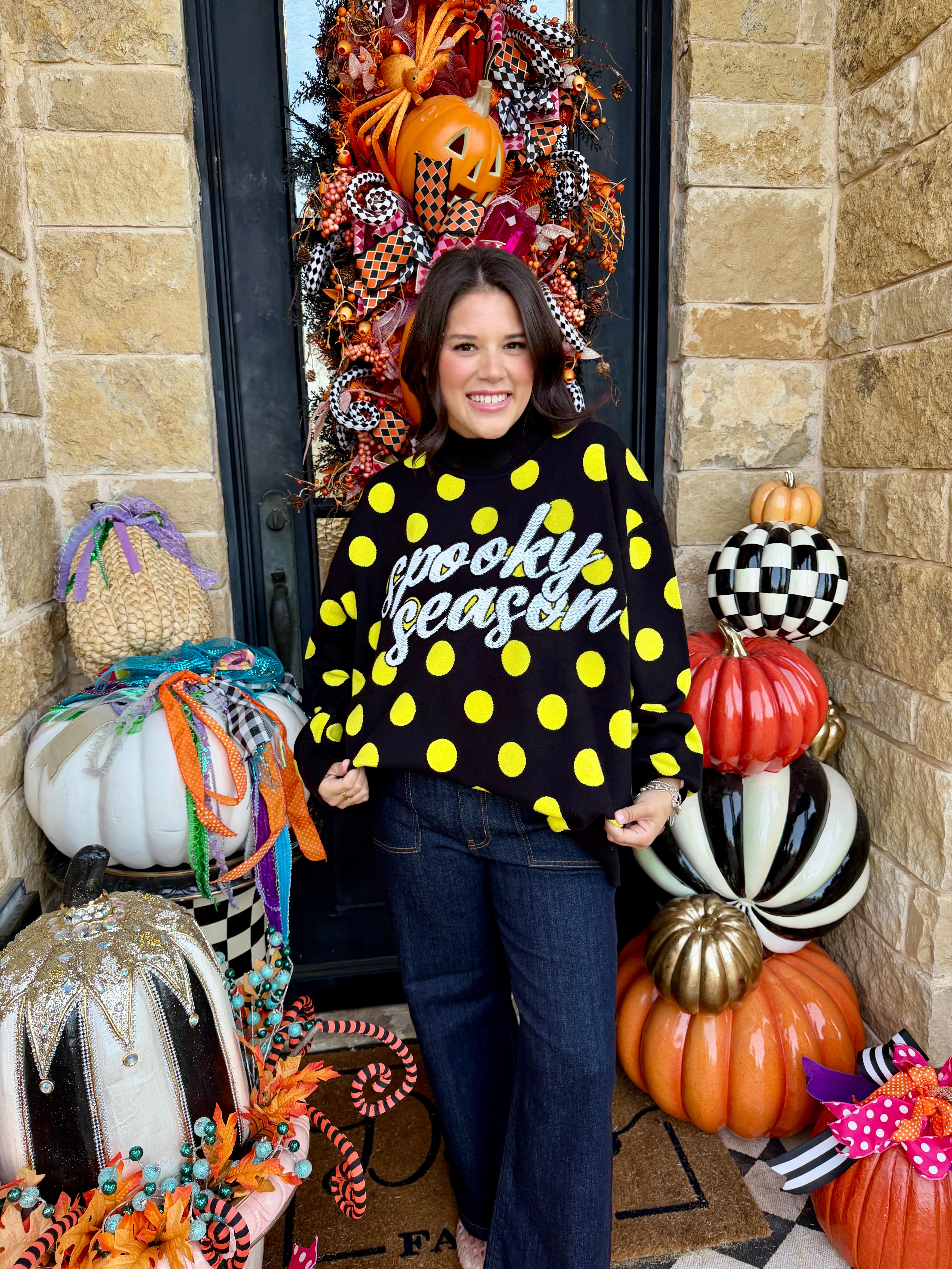 Black & Green Polkadot 'Spooky Season' Mockneck Sweatshirt- Queen of Sparkles