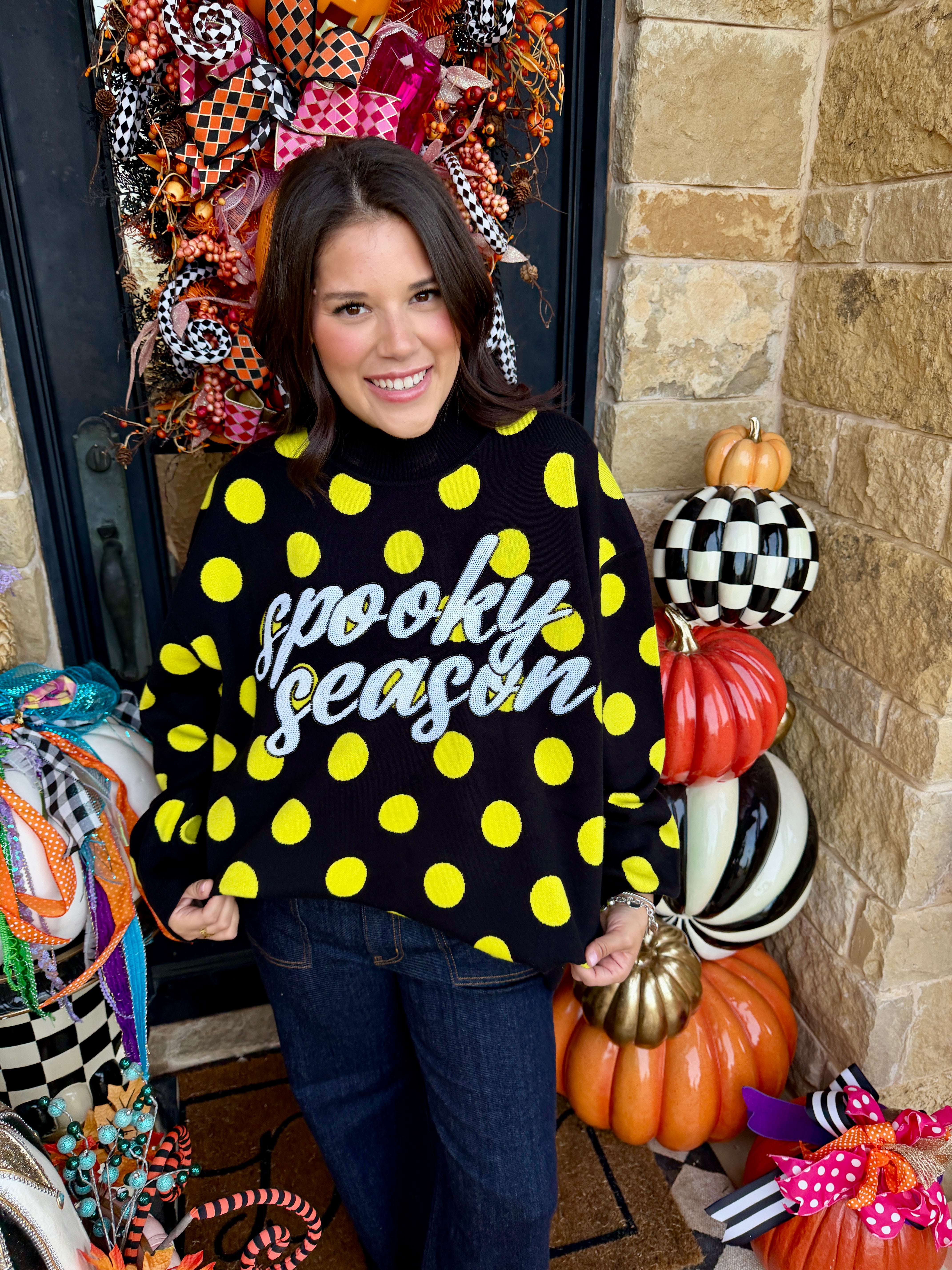 Black & Green Polkadot 'Spooky Season' Mockneck Sweatshirt- Queen of Sparkles