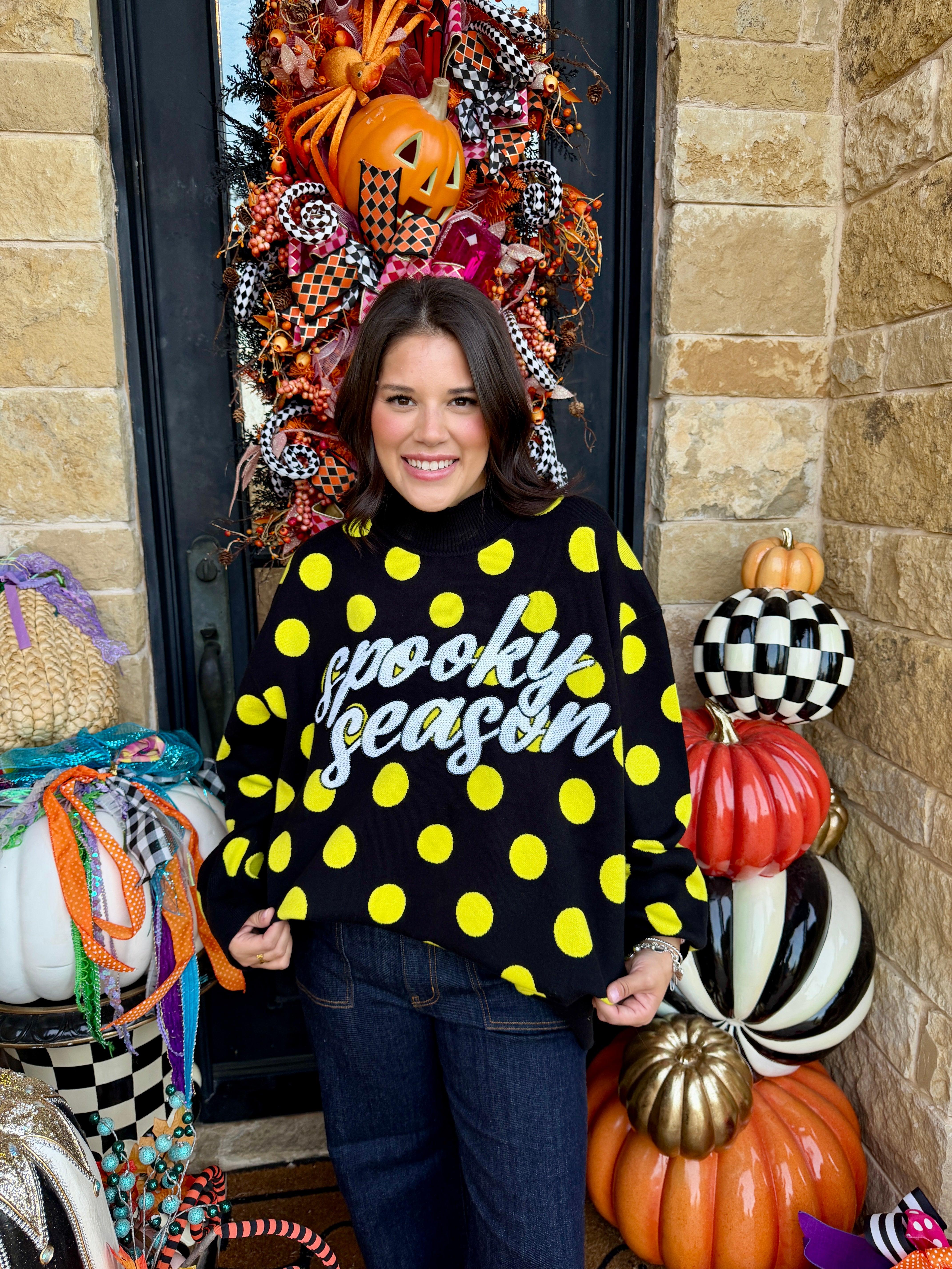 Black & Green Polkadot 'Spooky Season' Mockneck Sweatshirt- Queen of Sparkles