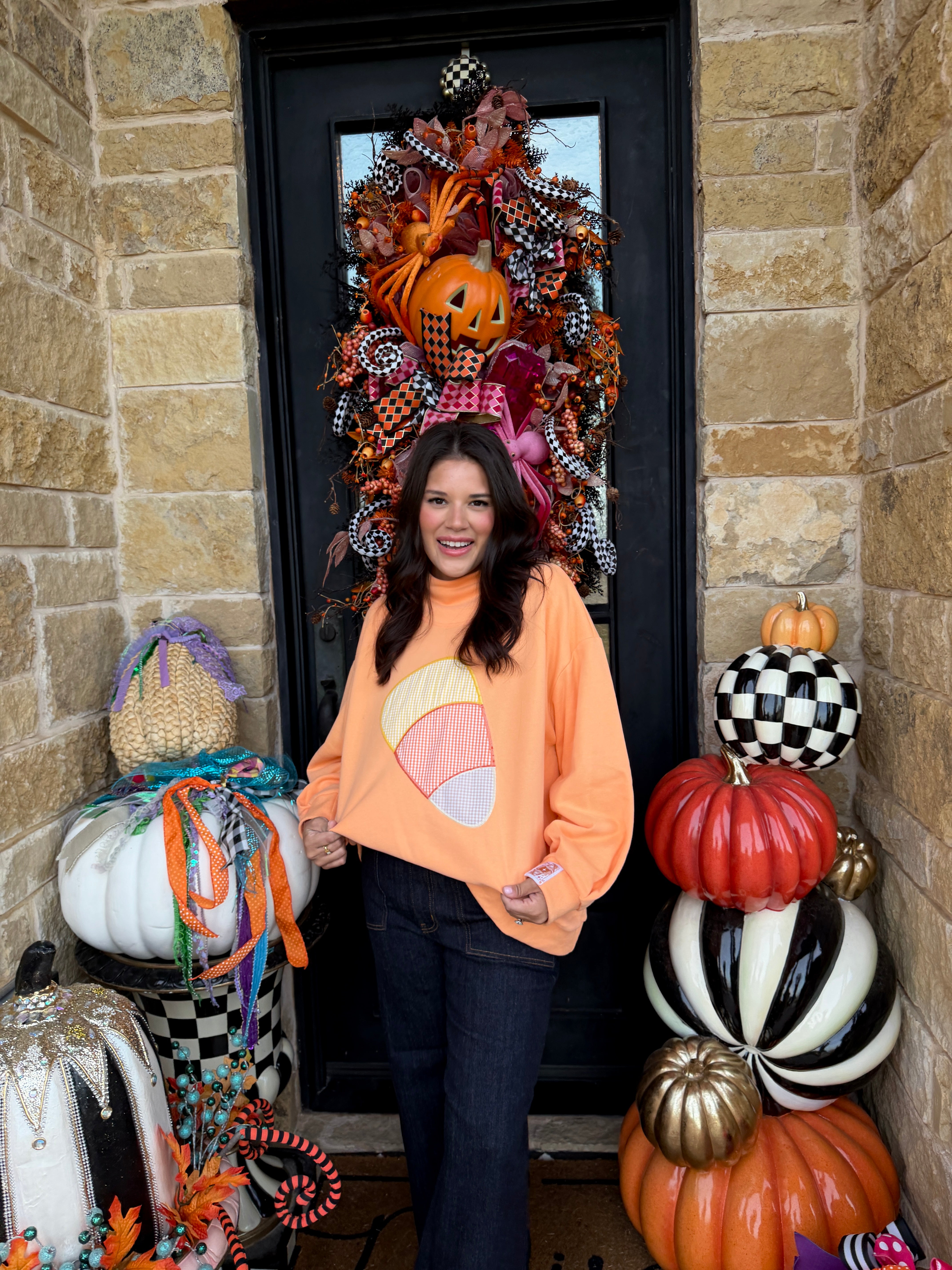 Light Orange Gingham Candy Corn Mockneck Sweatshirt- Queen of Sparkles