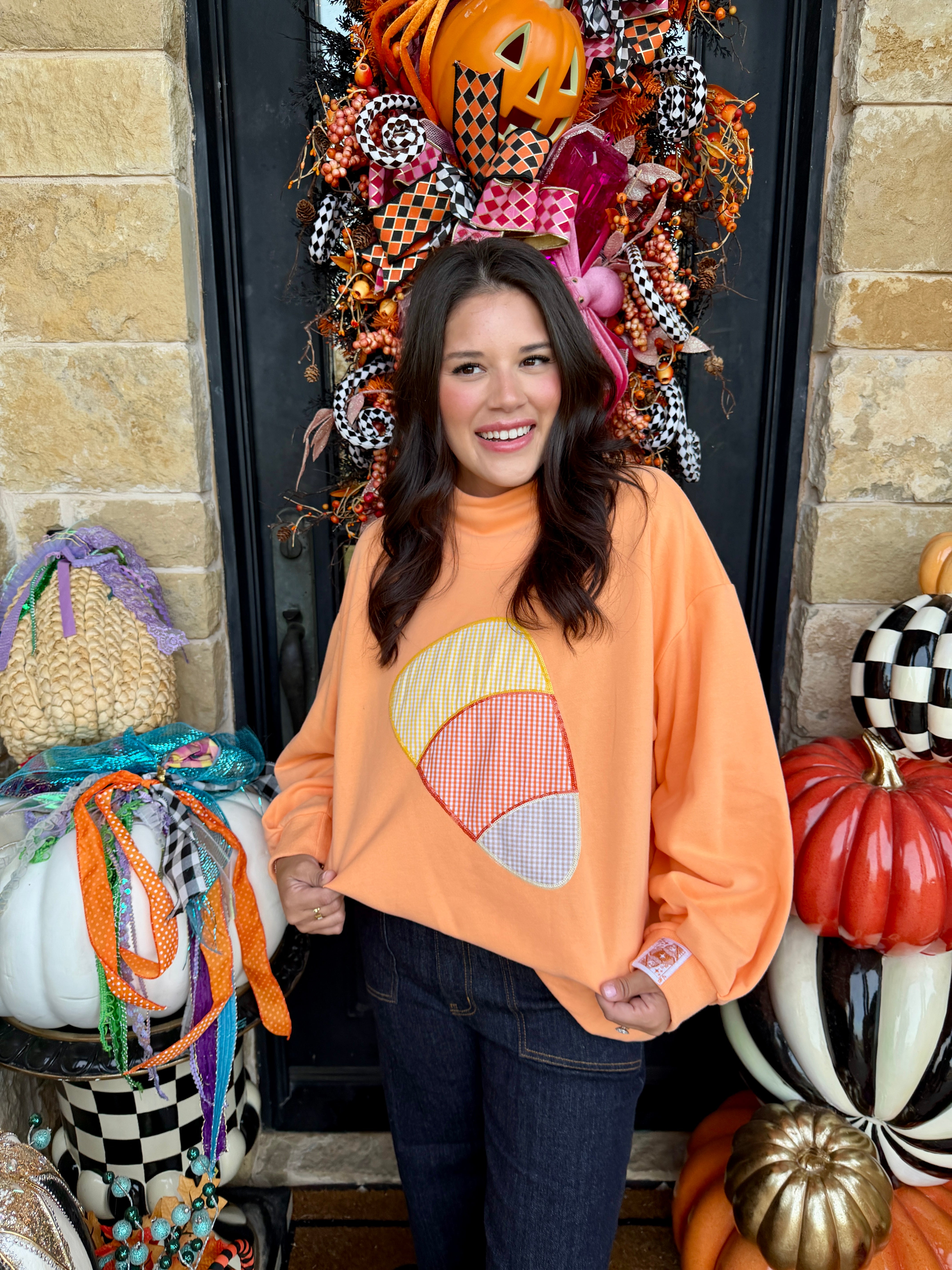 Light Orange Gingham Candy Corn Mockneck Sweatshirt- Queen of Sparkles