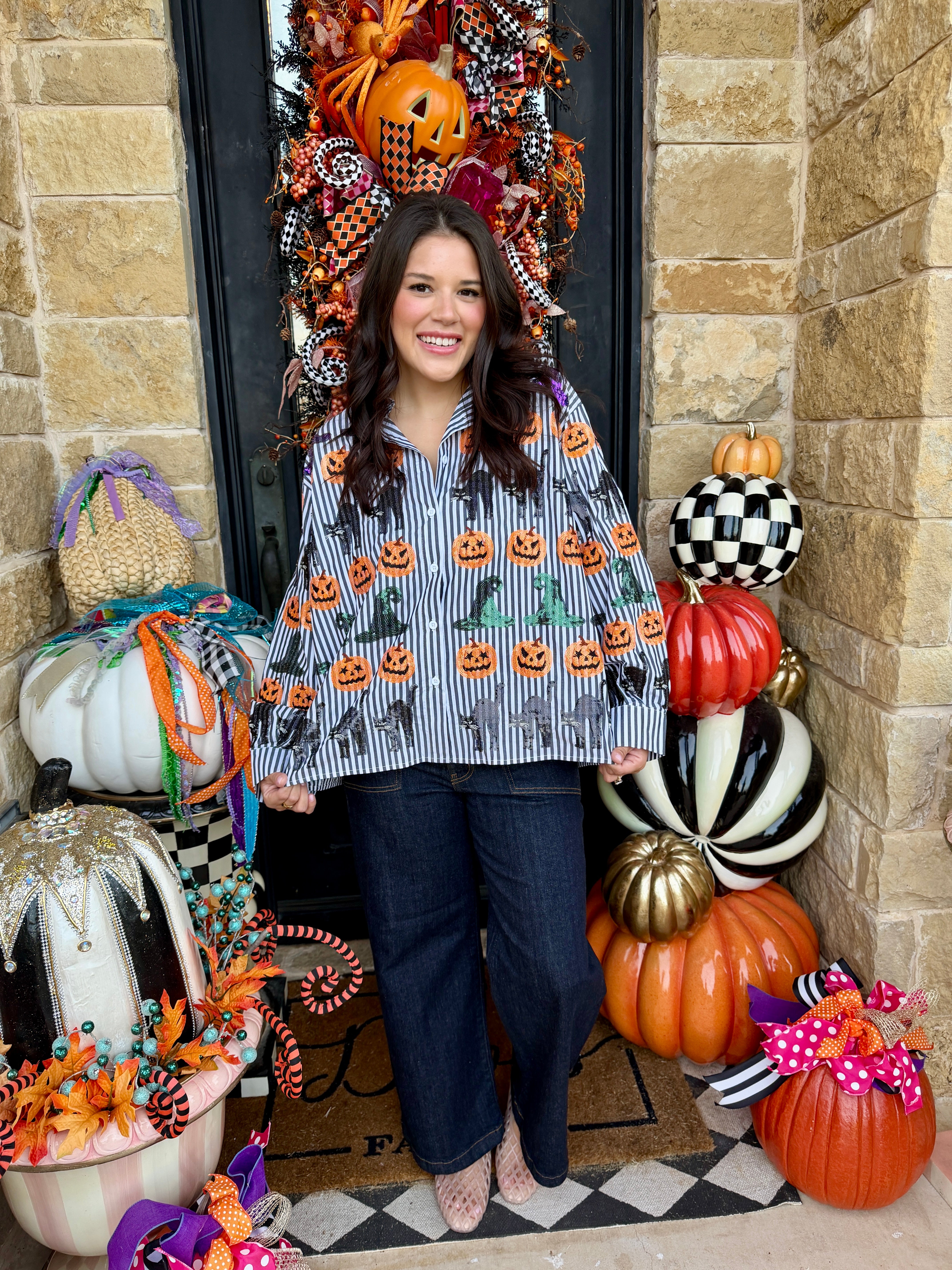 Black & White Striped Witch Hat, Pumpkin & Cat Icon Cotton Button Up Top- Queen of Sparkles