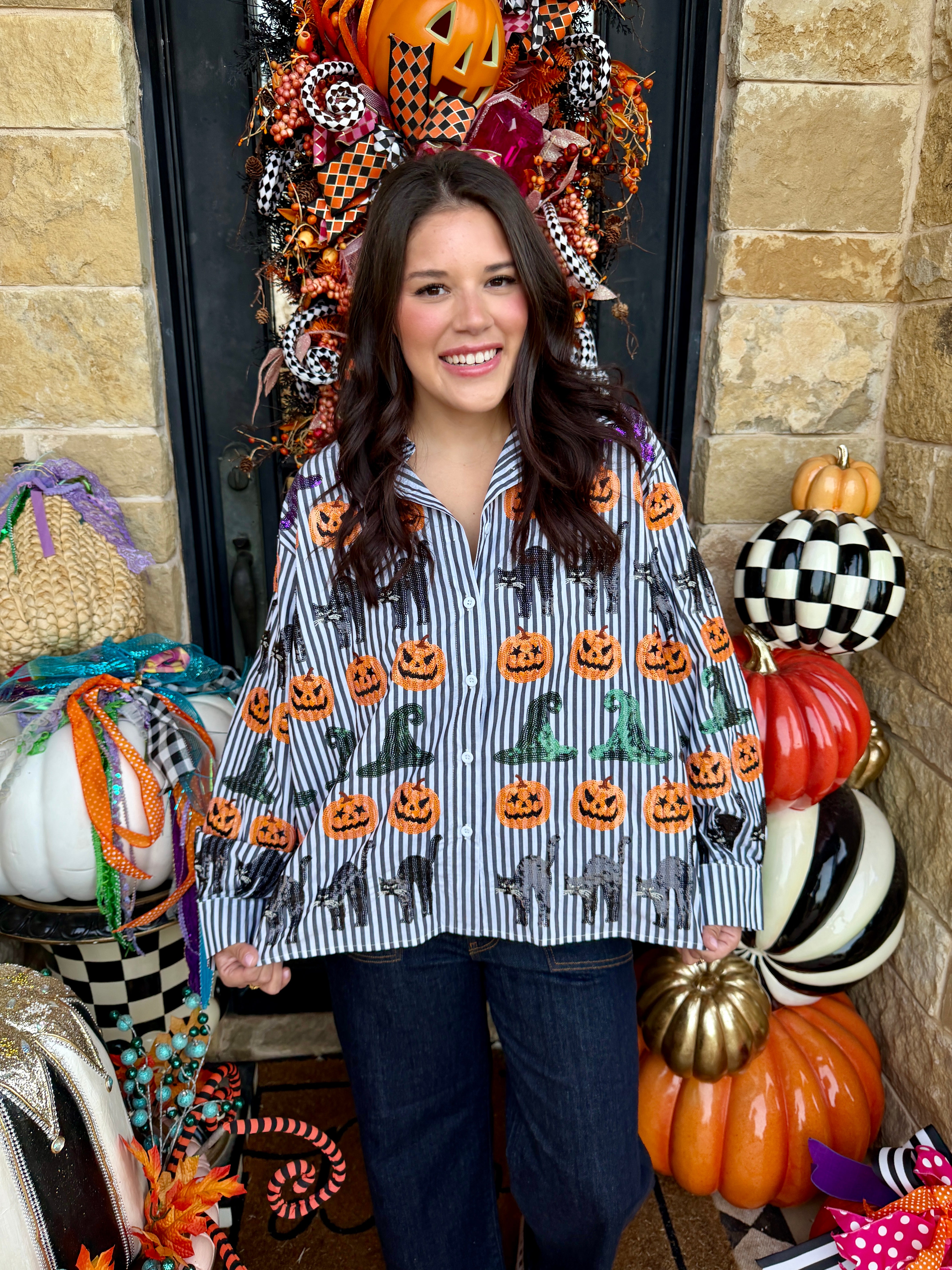 Black & White Striped Witch Hat, Pumpkin & Cat Icon Cotton Button Up Top- Queen of Sparkles