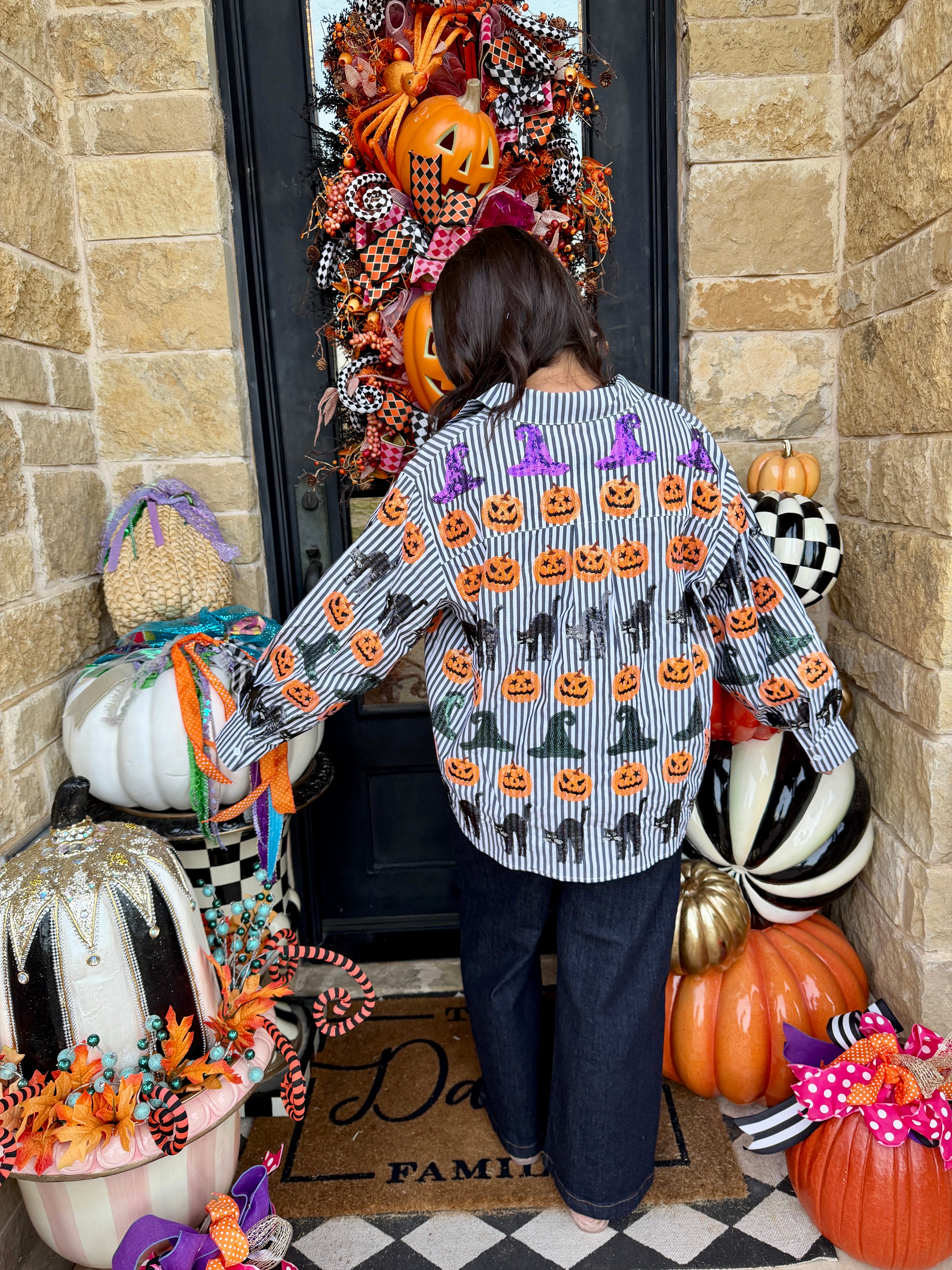 Black & White Striped Witch Hat, Pumpkin & Cat Icon Cotton Button Up Top- Queen of Sparkles