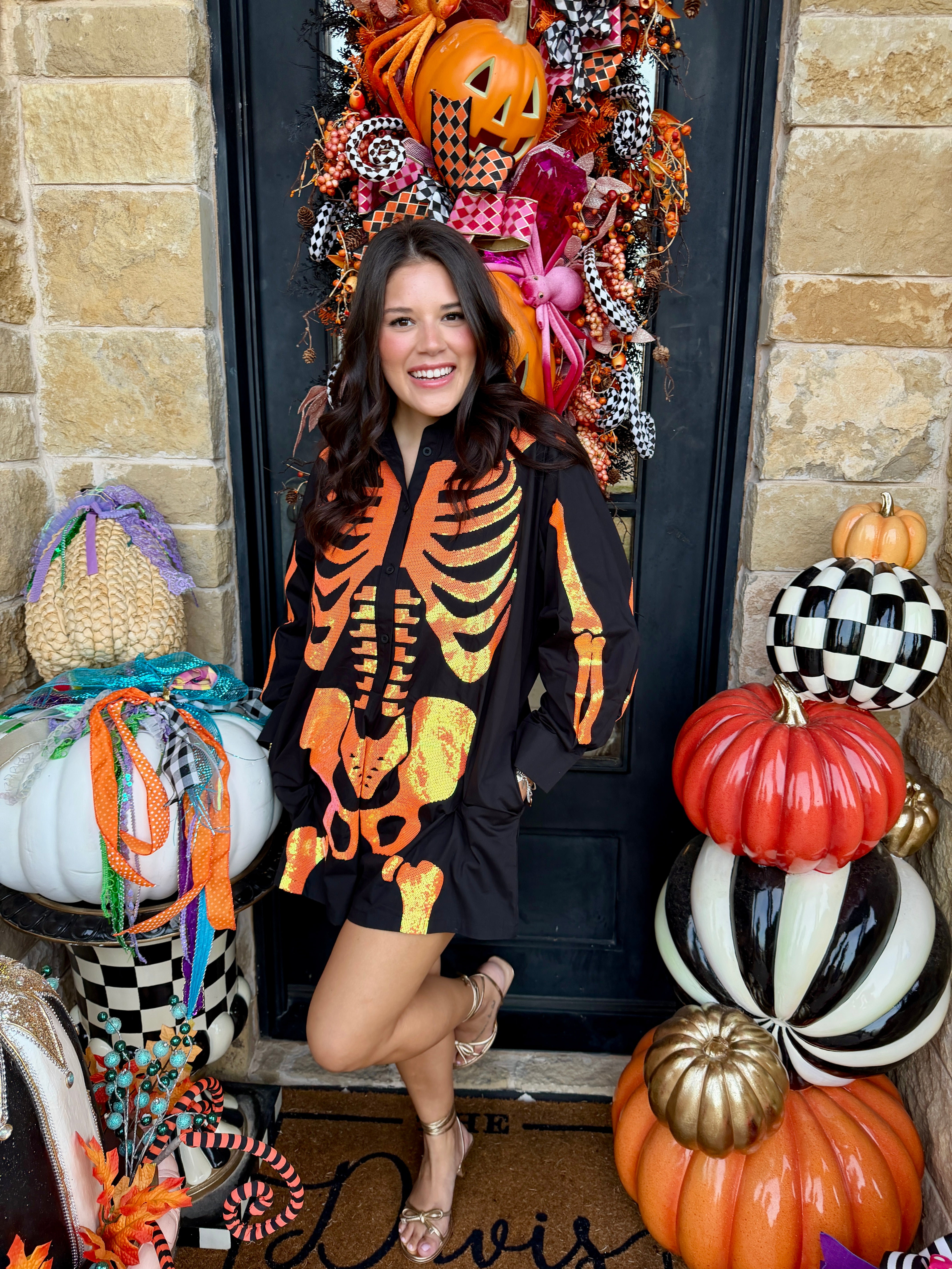 Black & Orange Sequin Skeleton Romper- Queen of Sparkles