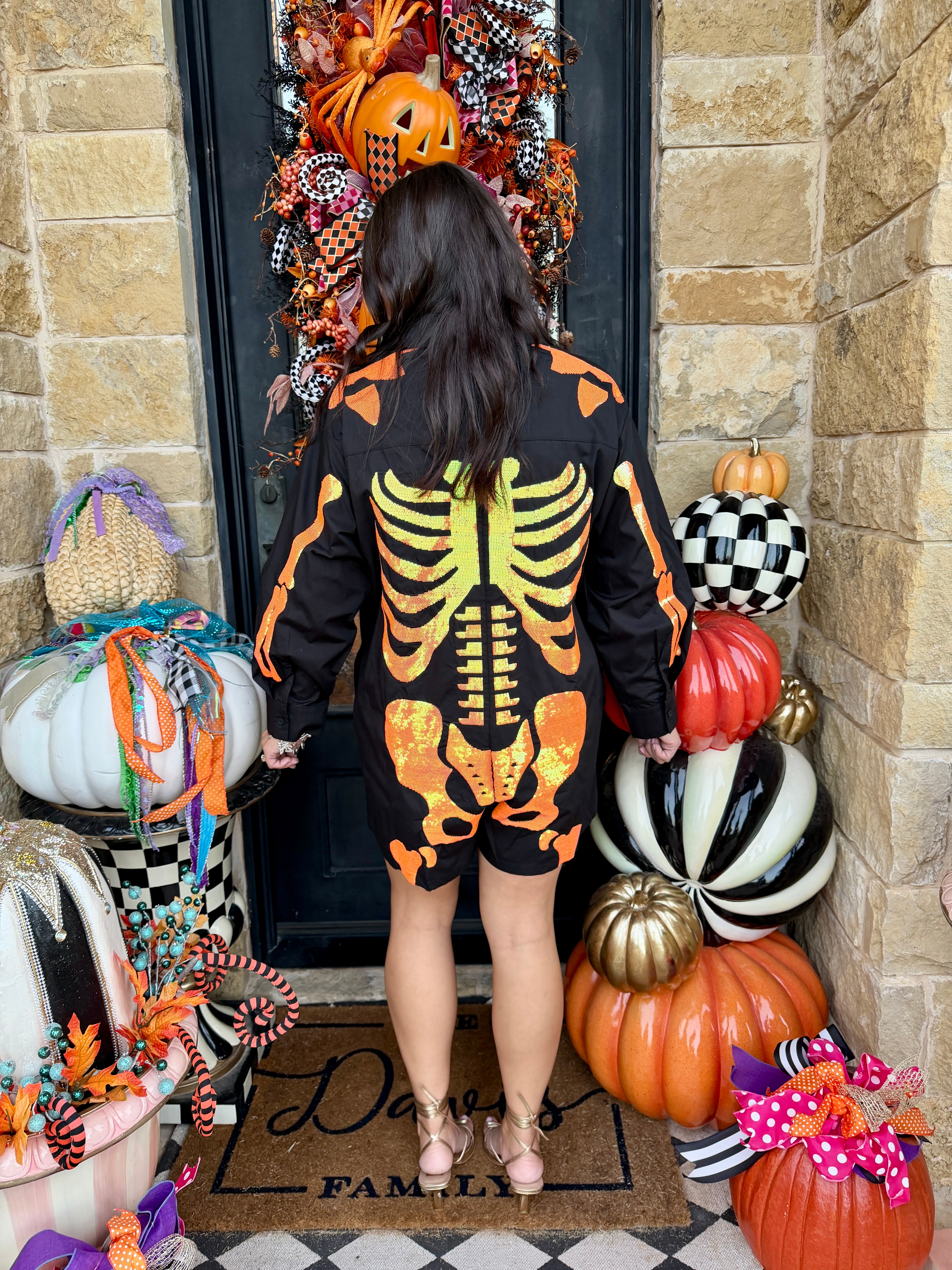 Black & Orange Sequin Skeleton Romper- Queen of Sparkles