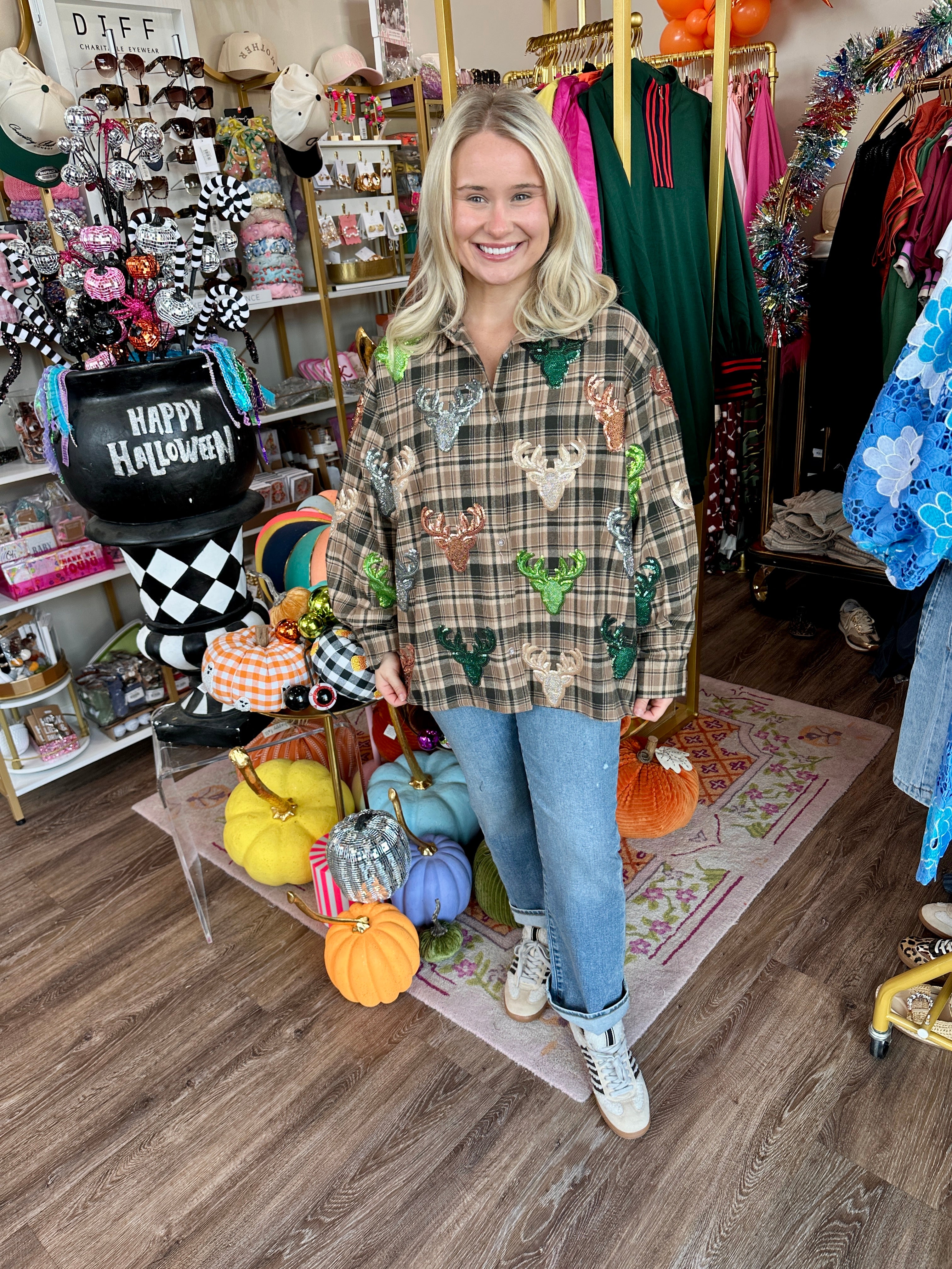 Brown Plaid Multi Deer Head Button Up Long Sleeve Top - Queen Of Sparkles