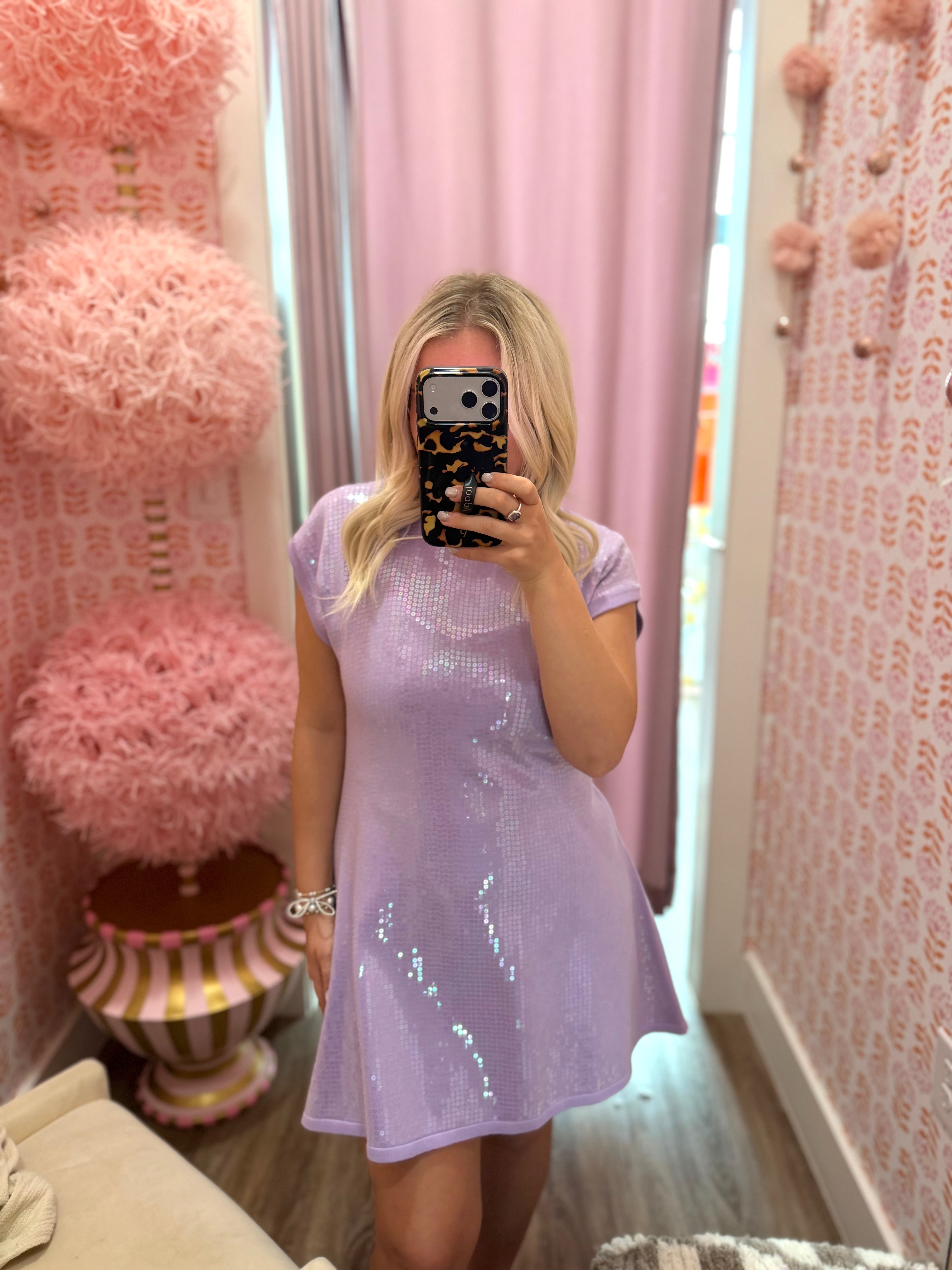 Lavender Full Sequin Knit Short Sleeve Dress Queen Of Sparkles