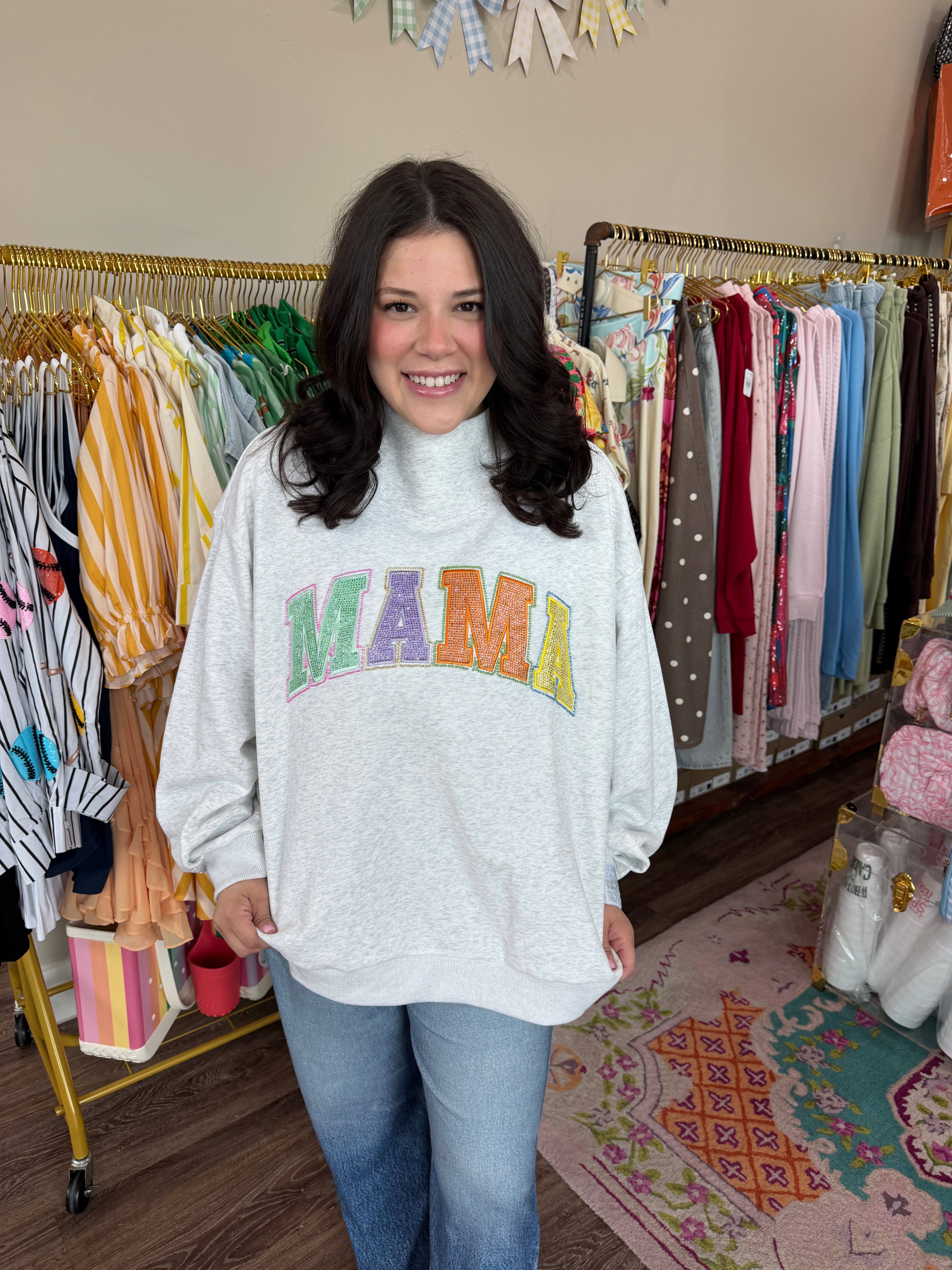 Grey Multi “Mama” Mock Neck Sweatshirt
