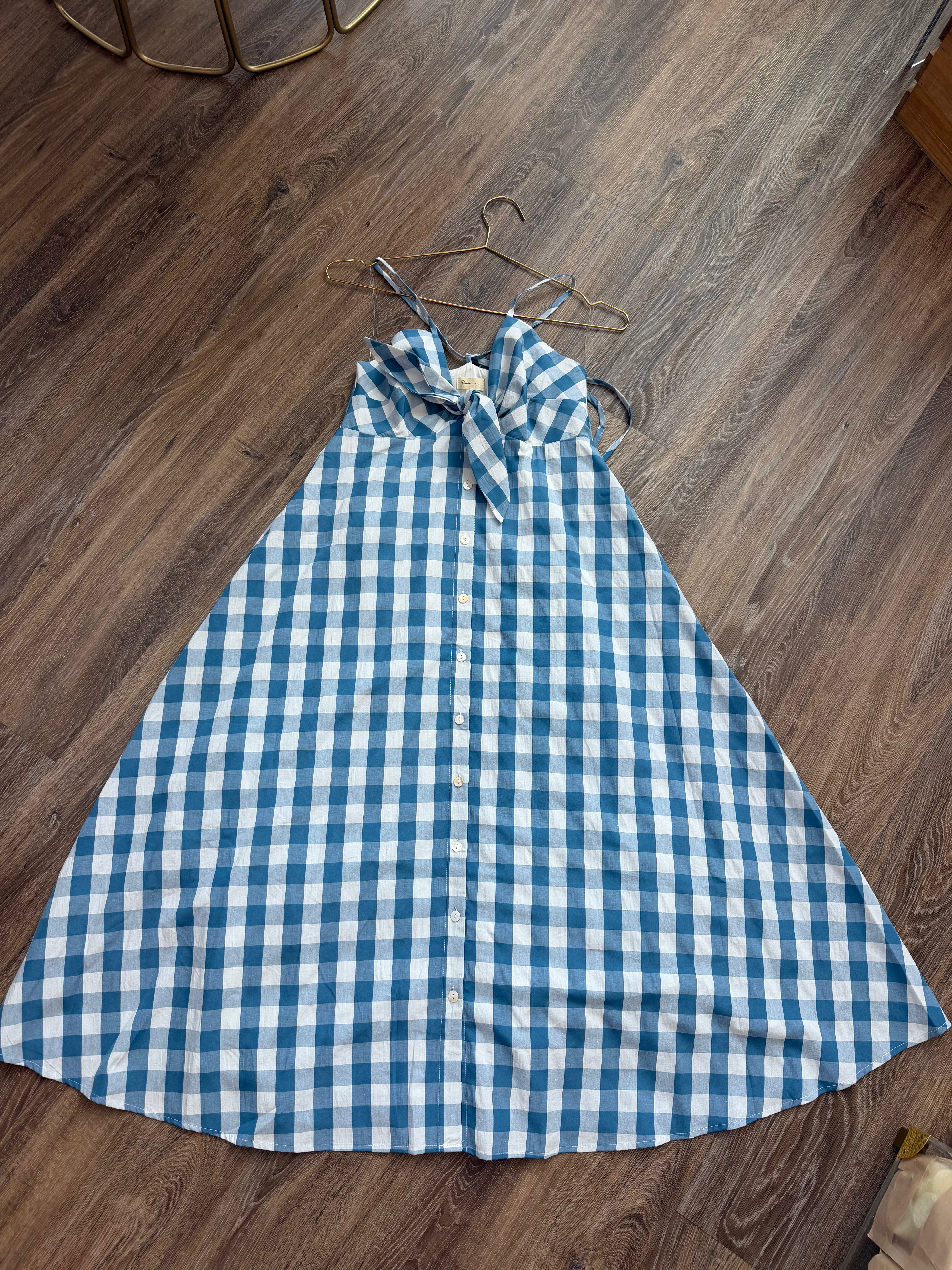 Blue Gingham Tie Front Midi