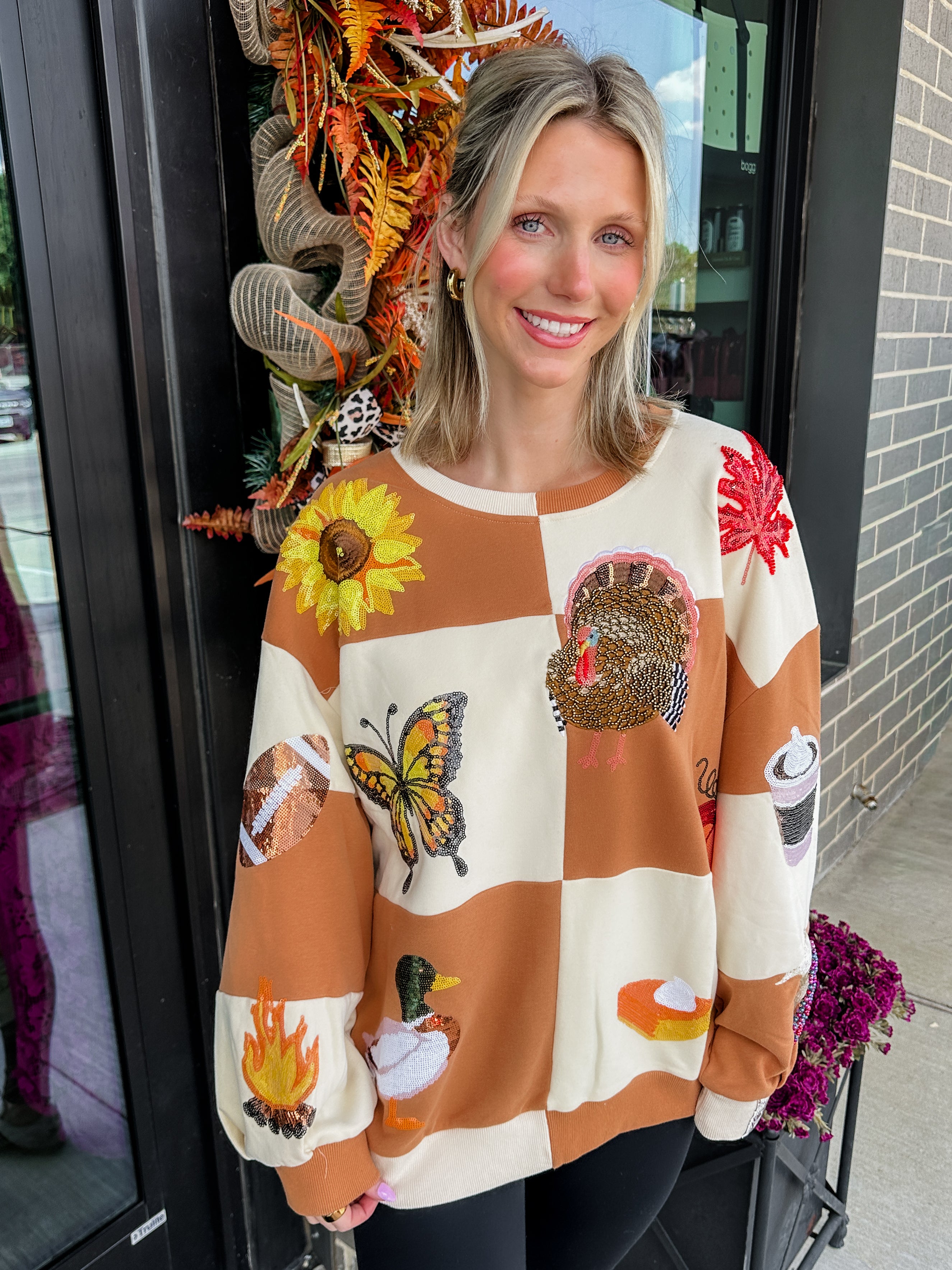 Brown & Ivory Checkered Fall Icon Sweatshirt - Queen Of Sparkles