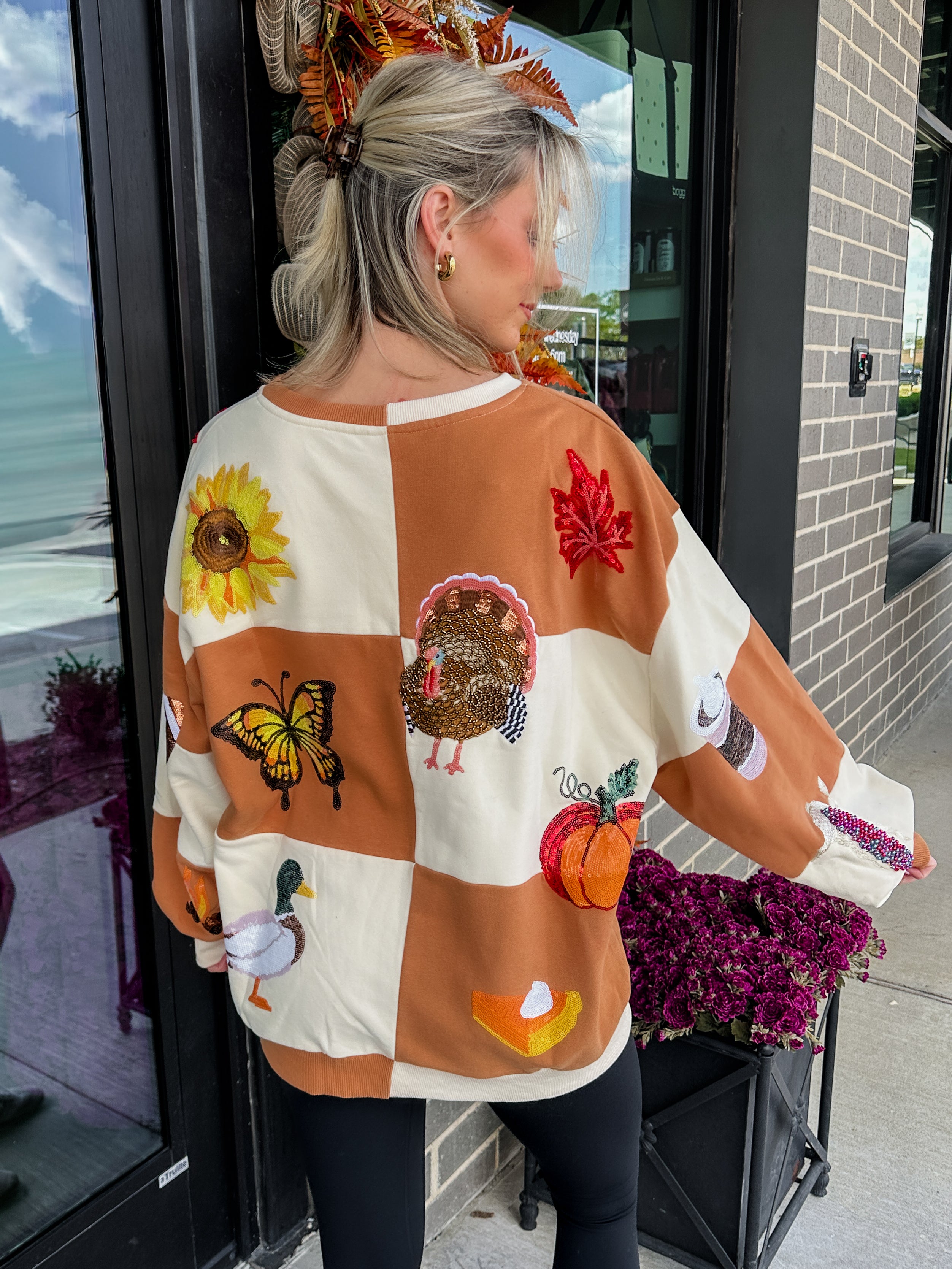 Brown & Ivory Checkered Fall Icon Sweatshirt - Queen Of Sparkles