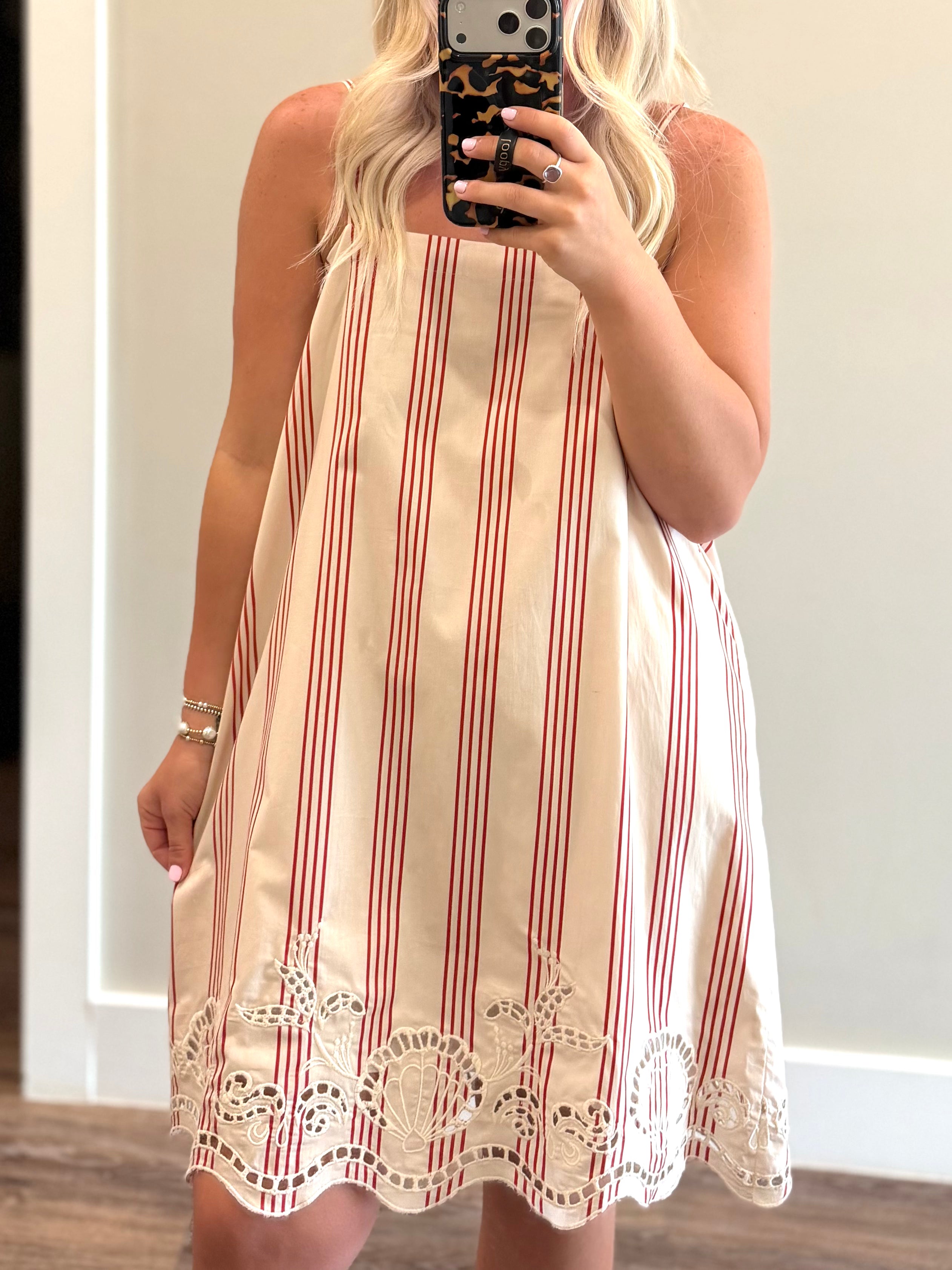 Cherry Pinstripe w/ Embroidery Shoreline Dress