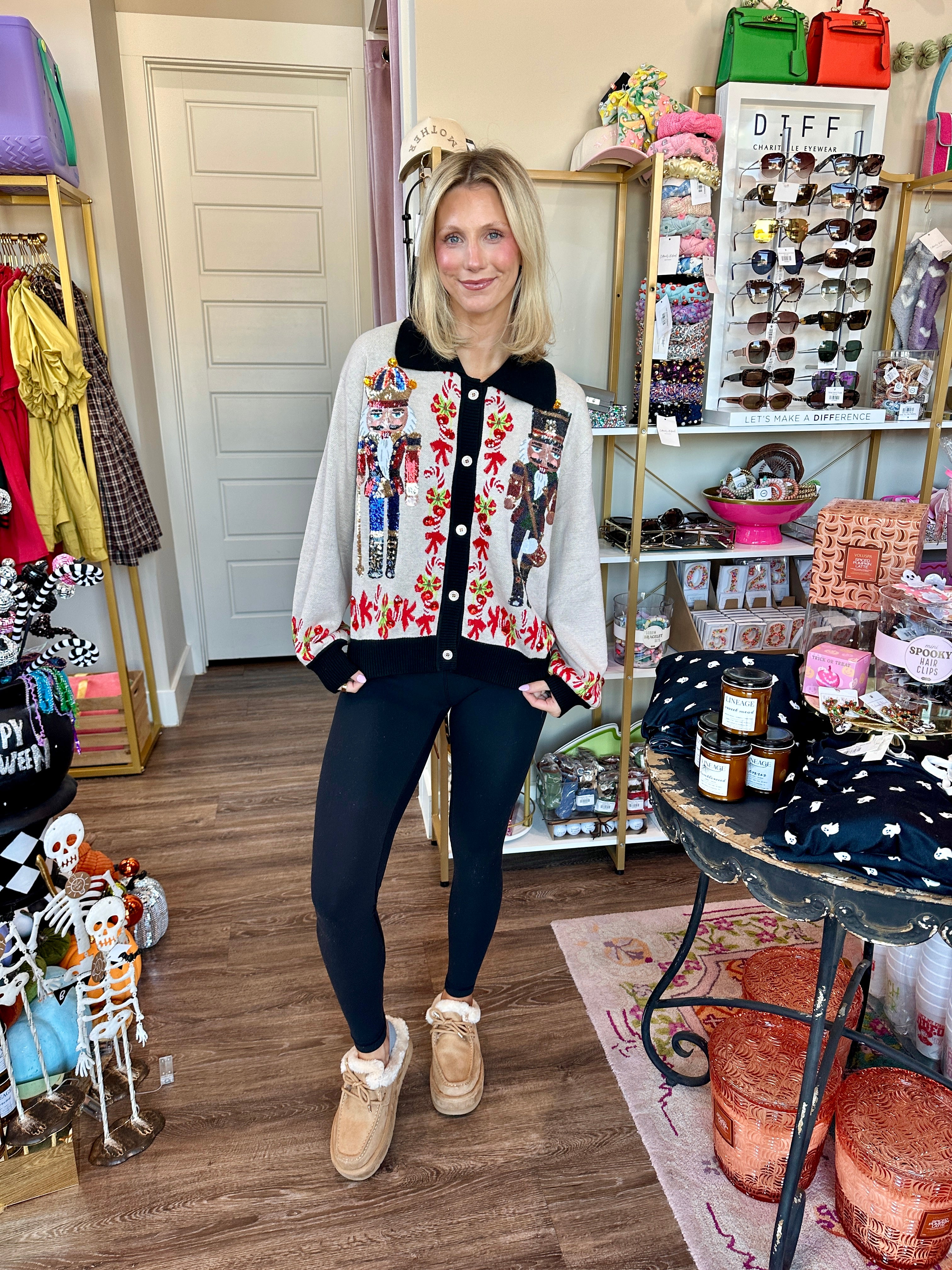 Black Trim Collar Nutcracker & Candy Cane Button Up Cardigan- Queen Of Sparkles