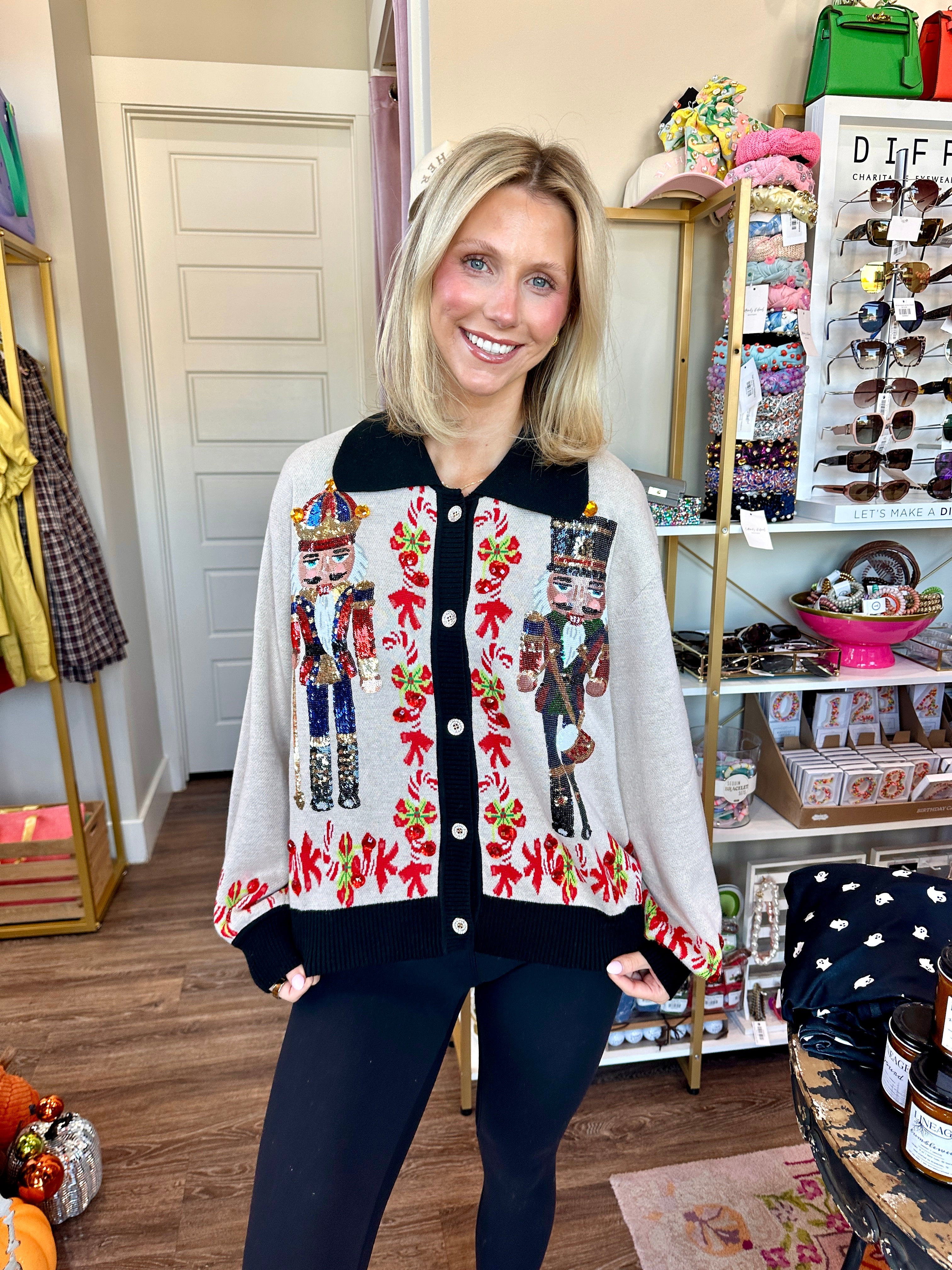 Black Trim Collar Nutcracker & Candy Cane Button Up Cardigan- Queen Of Sparkles