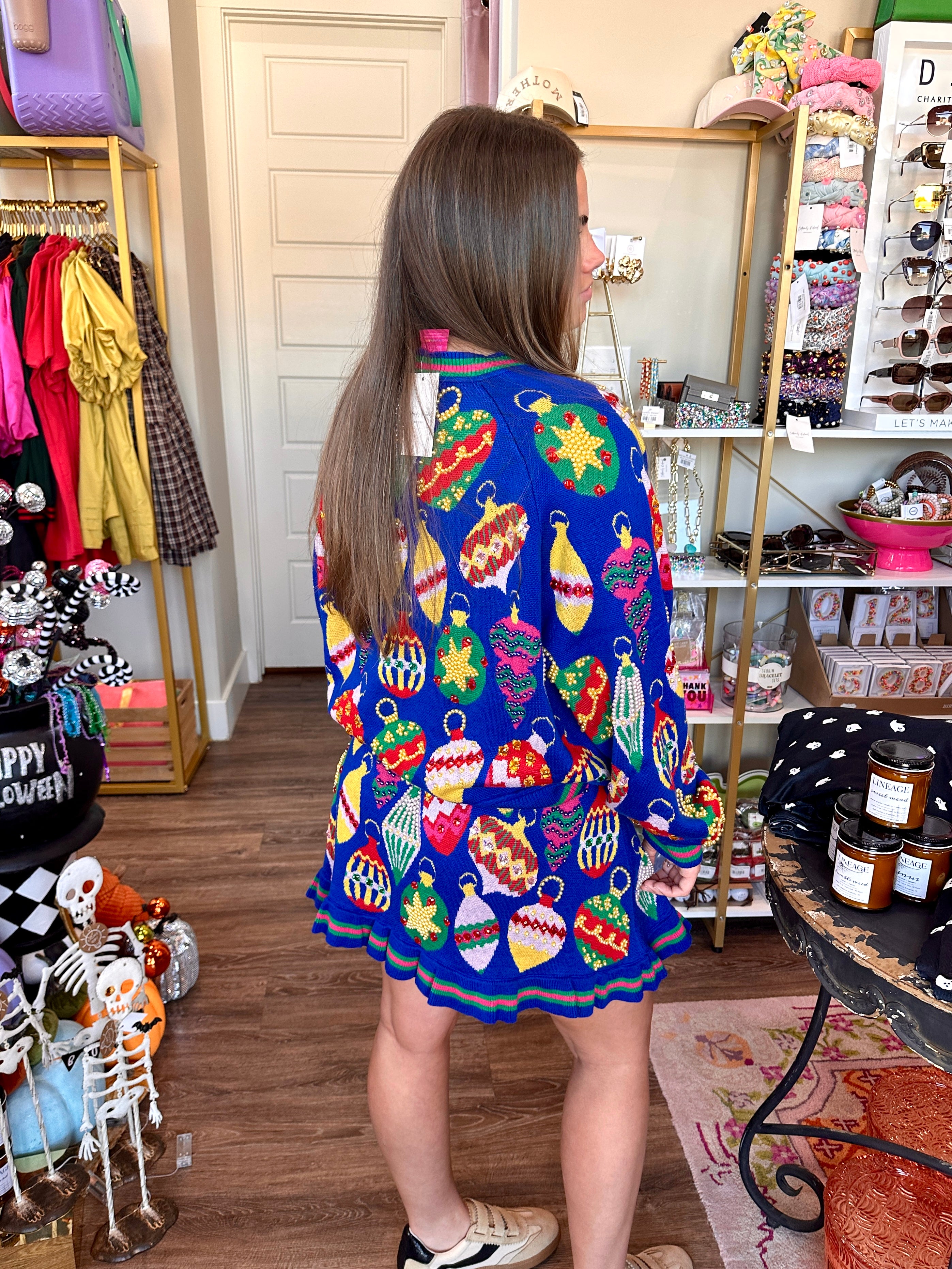 Royal Blue Multi Jeweled Ornament Button Up Cardigan- Queen Of Sparkles