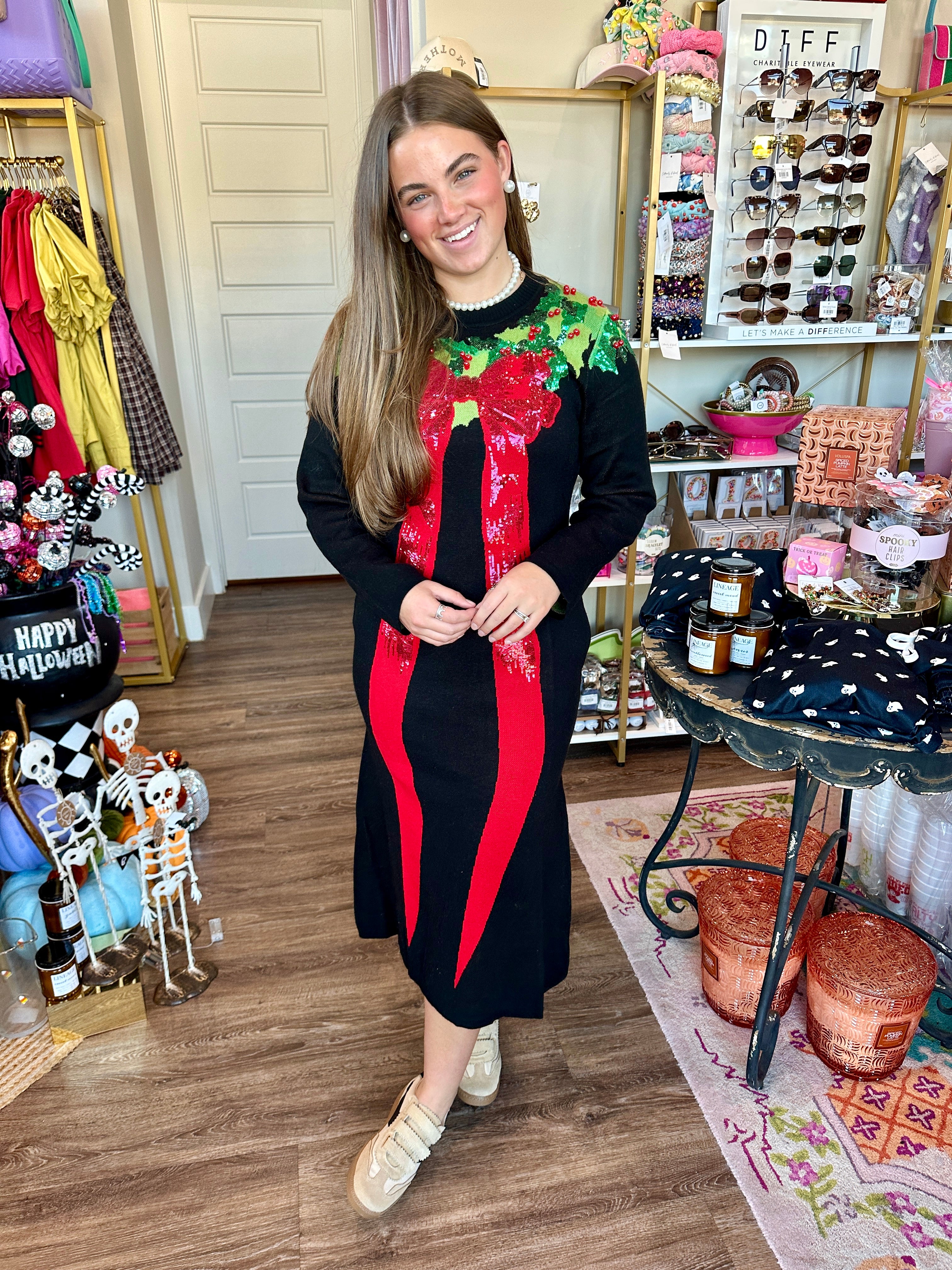 Black, Green & Red Sequin Wreath With Bow Knit Midi Dress - Queen Of Sparkles