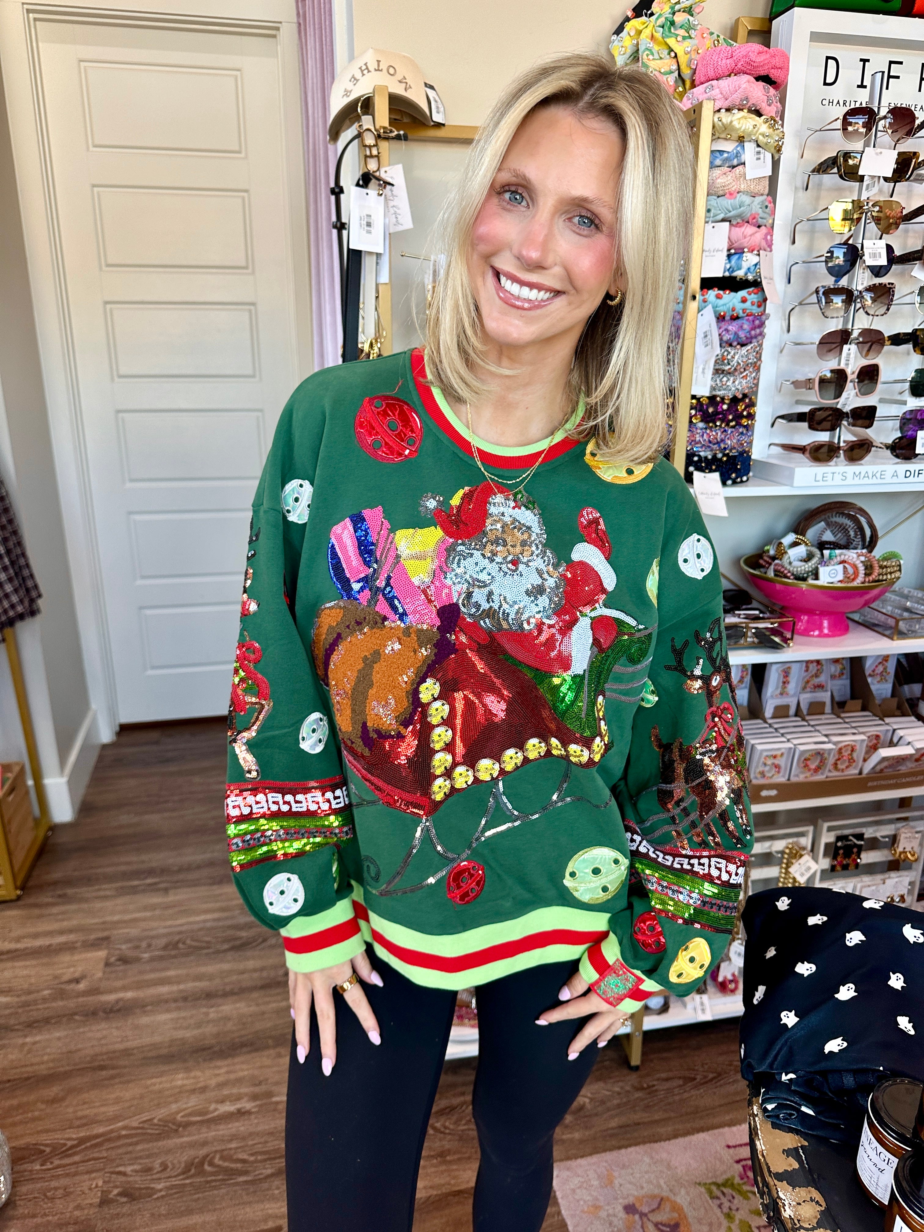 Dark Green Vintage Jingle Bell Santa Sweatshirt- Queen Of Sparkles