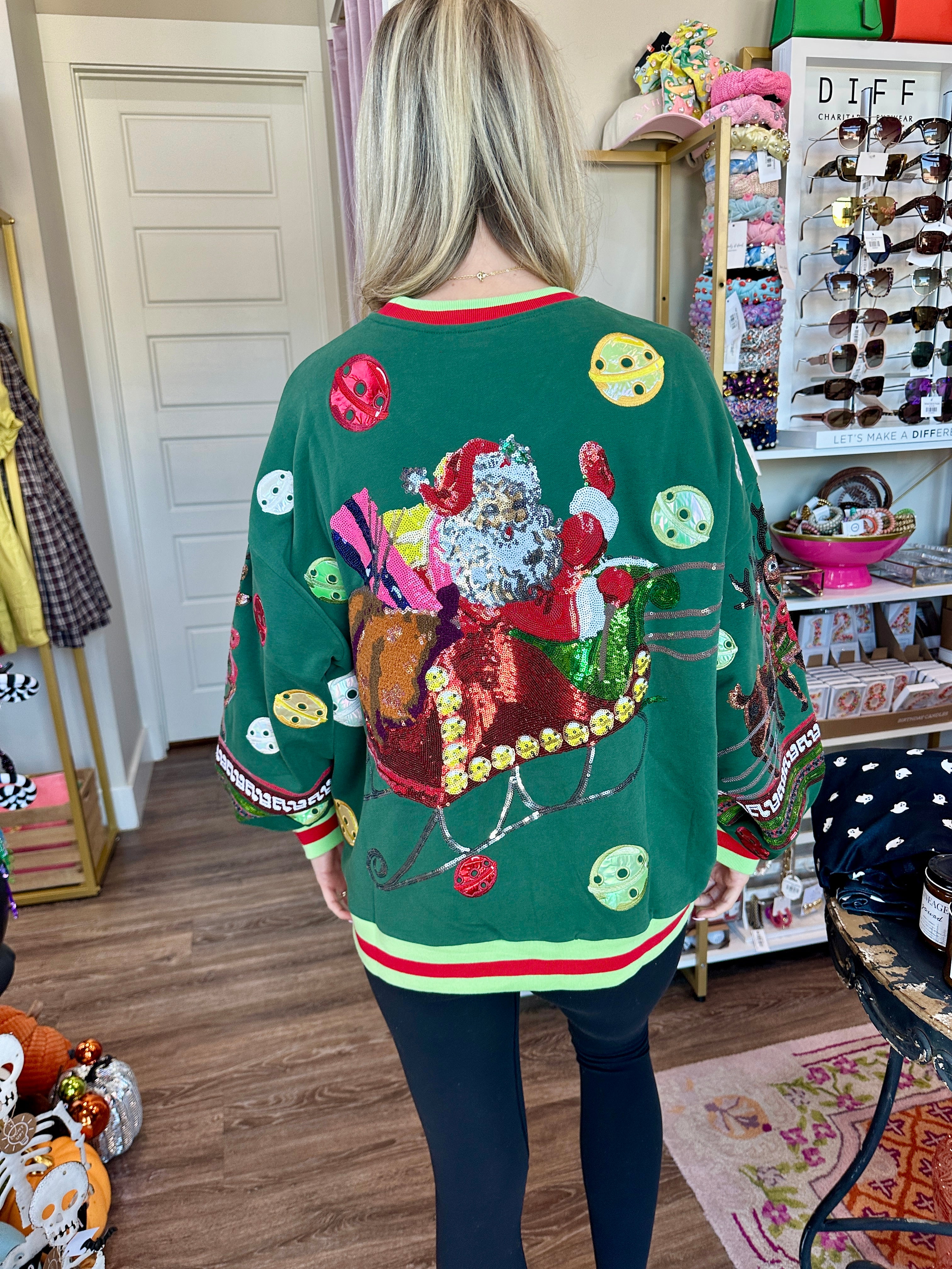 Dark Green Vintage Jingle Bell Santa Sweatshirt- Queen Of Sparkles