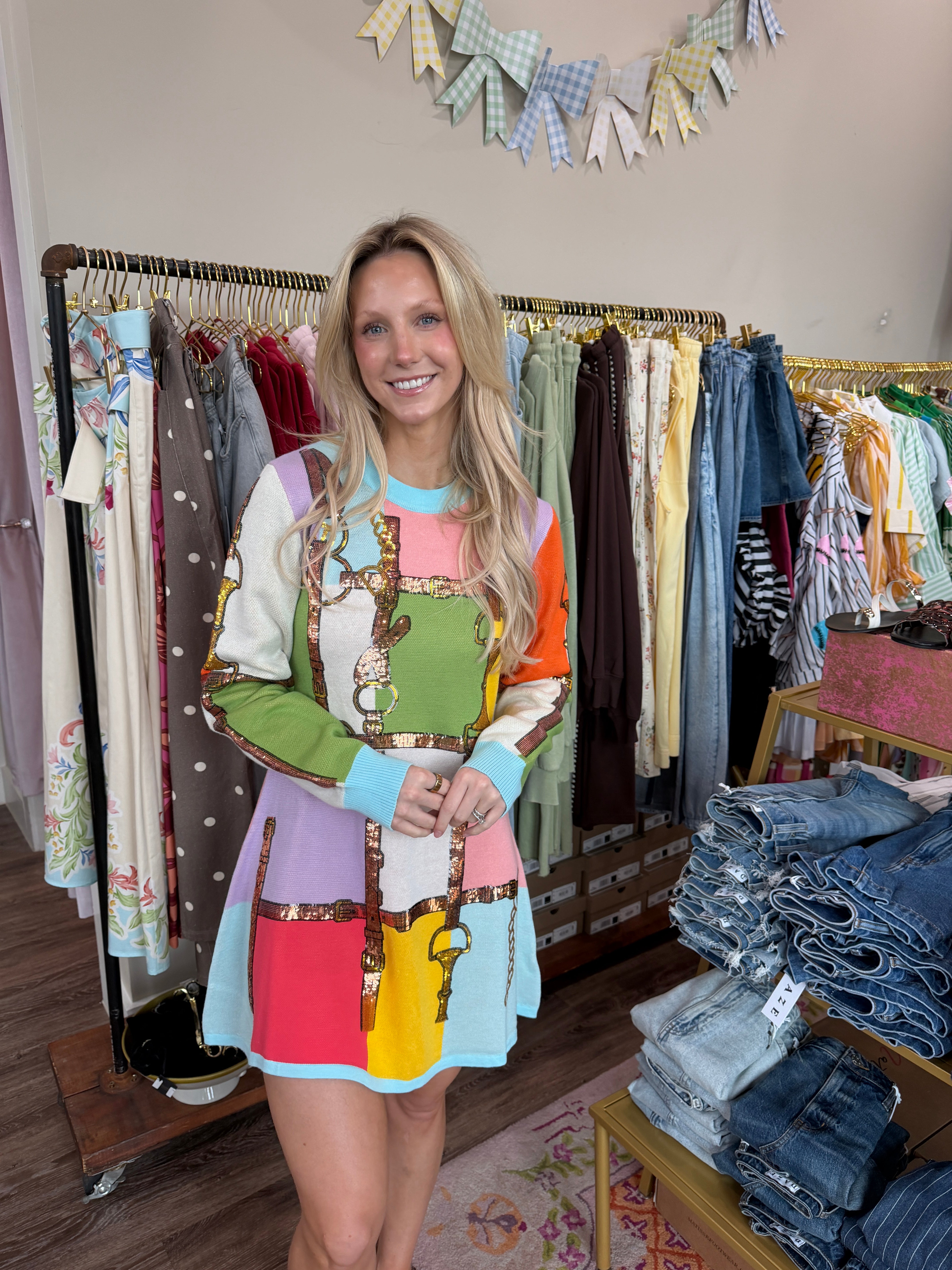 Multi Colorblock Knit Horse Bit Long Sleeve Dress - Queen Of Sparkles