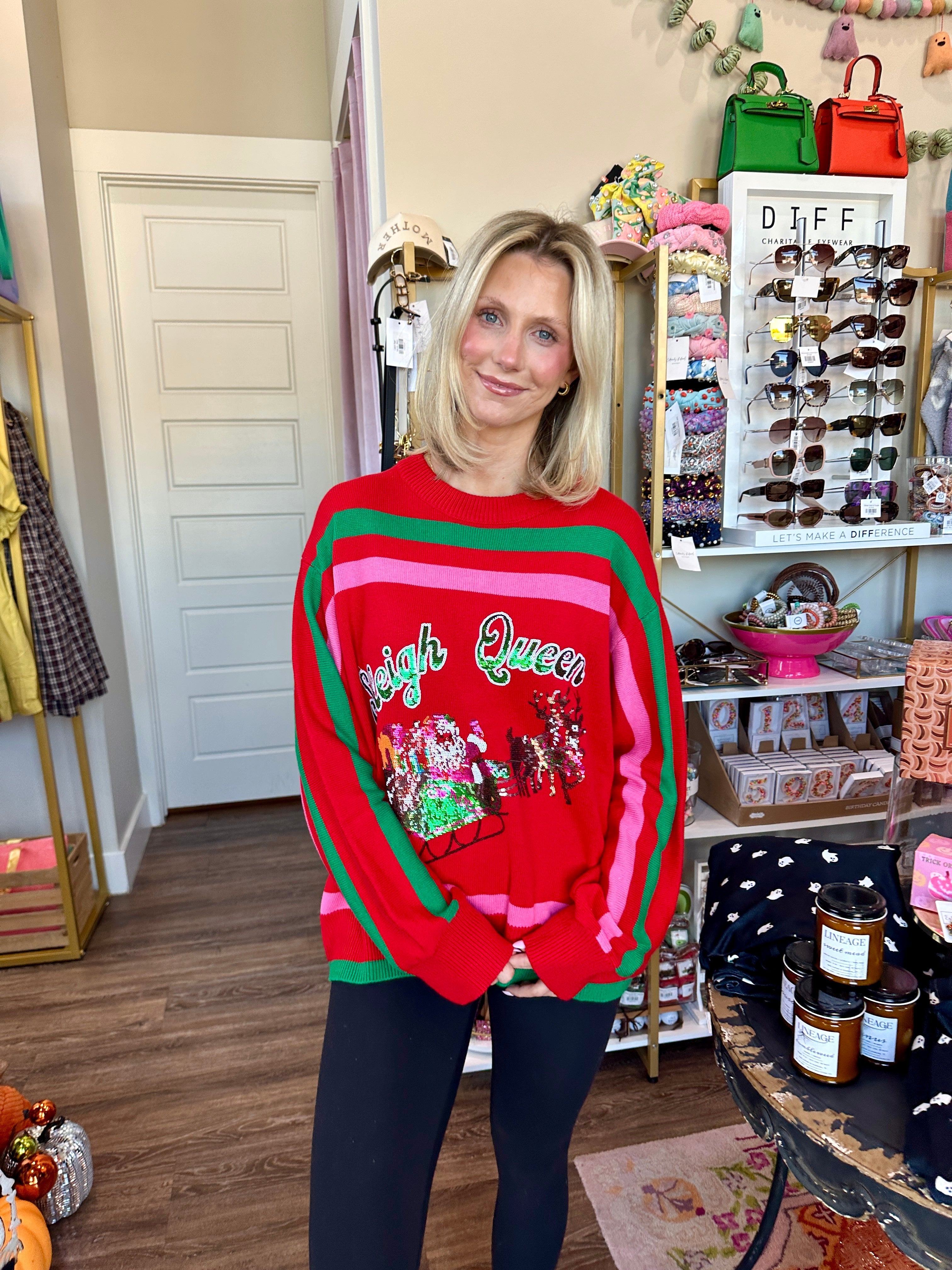 Red, Green & Pink 'Sleigh Queen' Stripe Sweater- Queen Of Sparkles