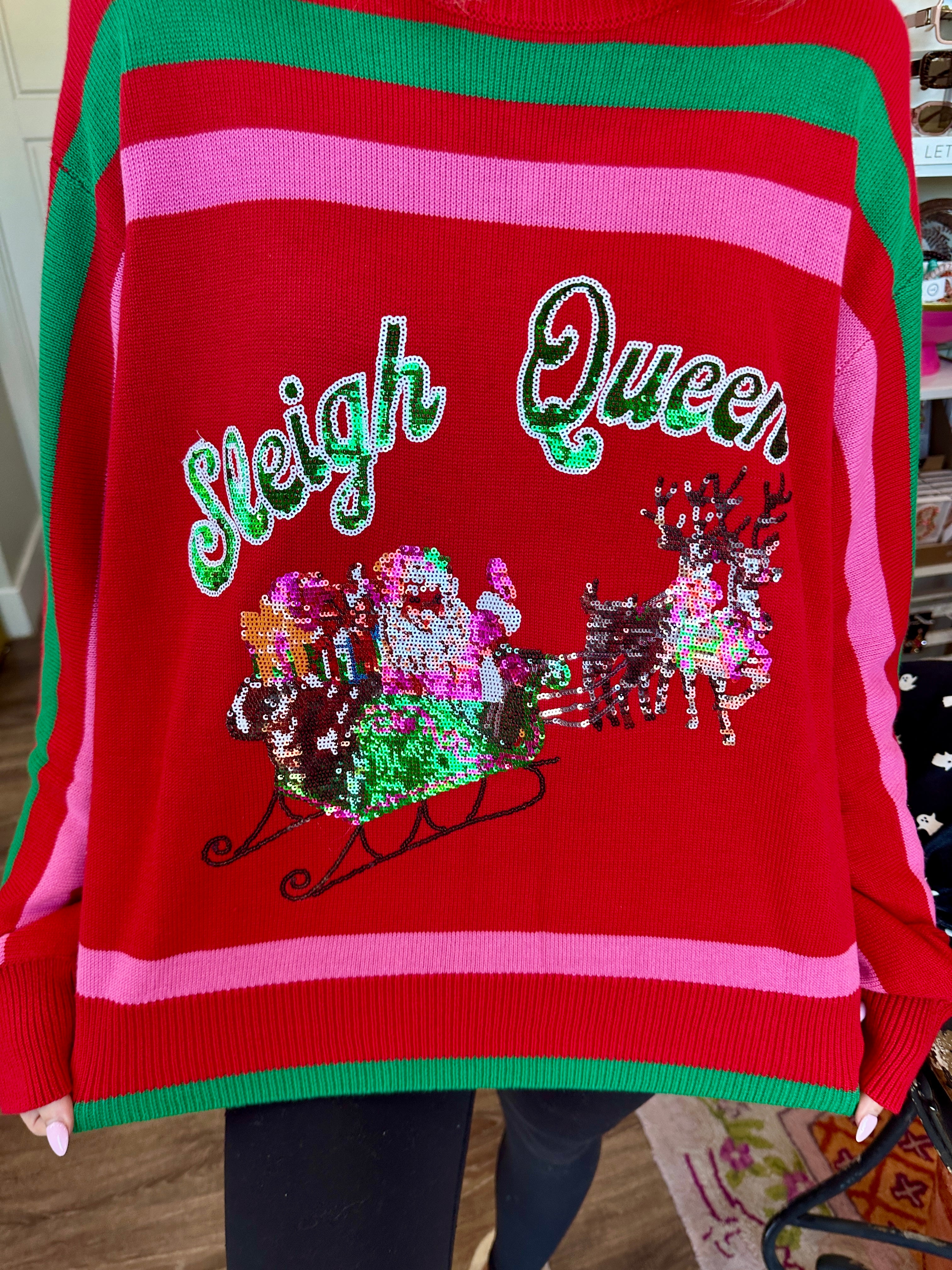 Red, Green & Pink 'Sleigh Queen' Stripe Sweater- Queen Of Sparkles