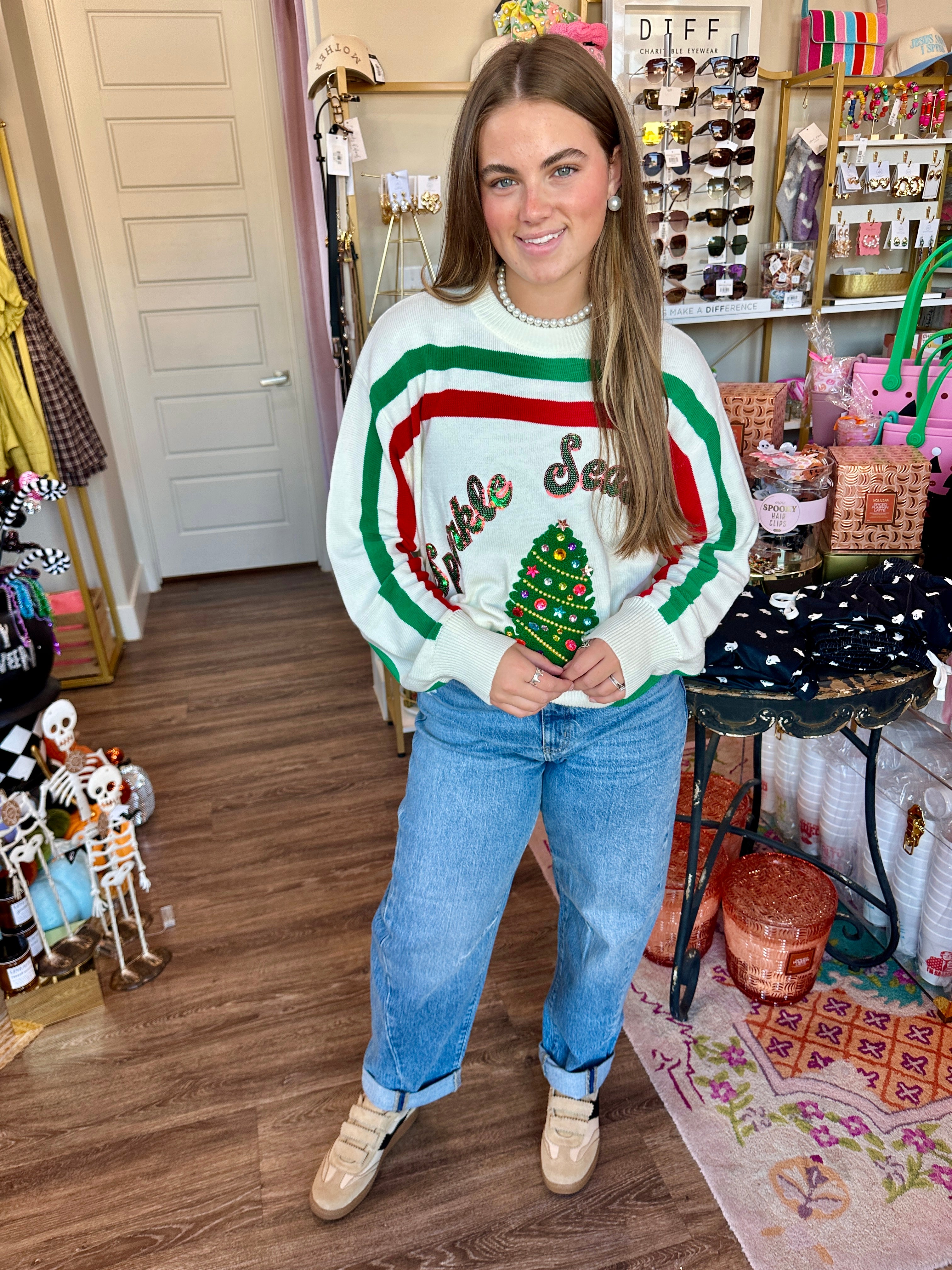 White, Red & Green Stripe 'Sparkle Season' Sweater- Queen Of Sparkles