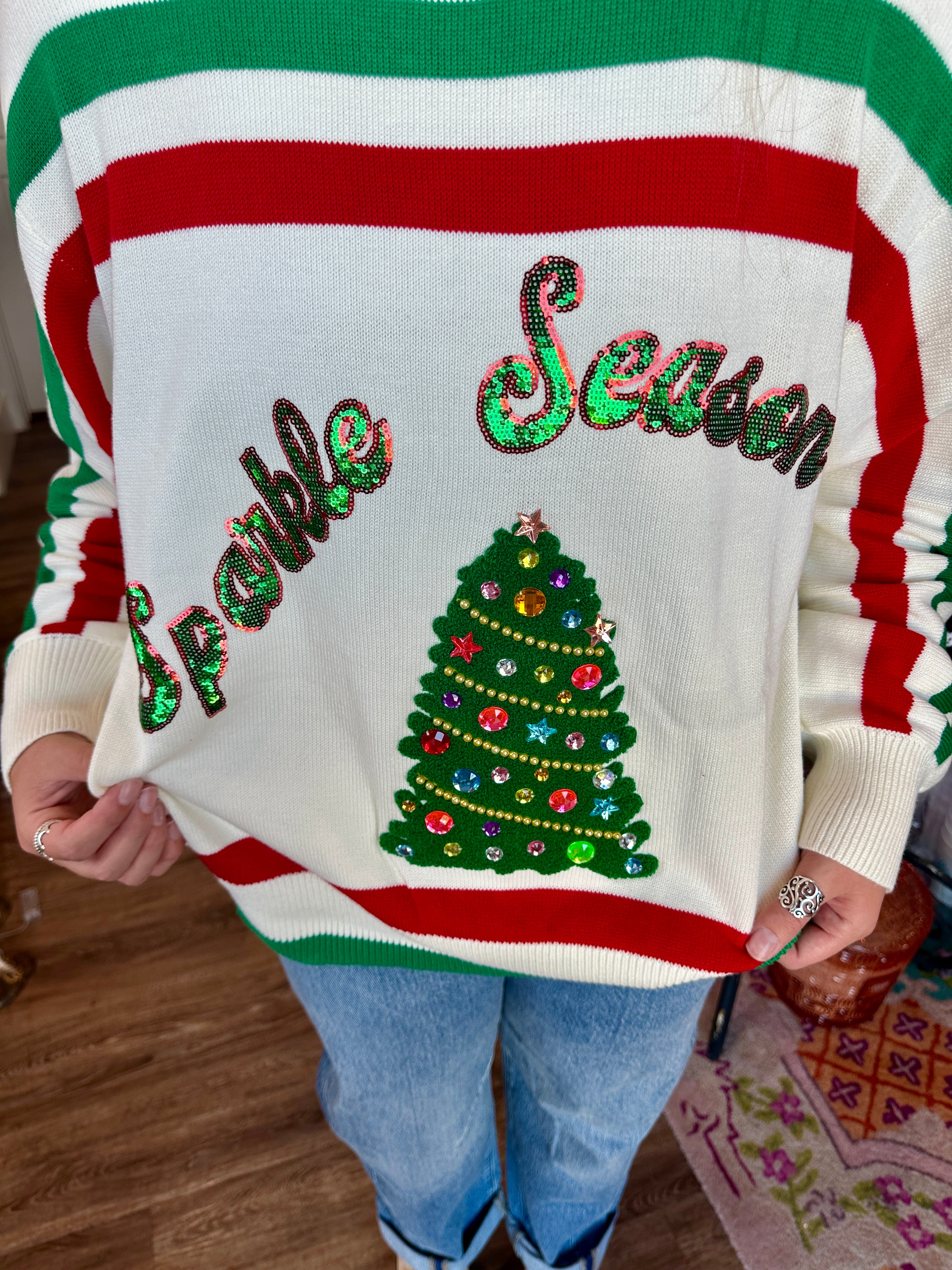 White, Red & Green Stripe 'Sparkle Season' Sweater- Queen Of Sparkles